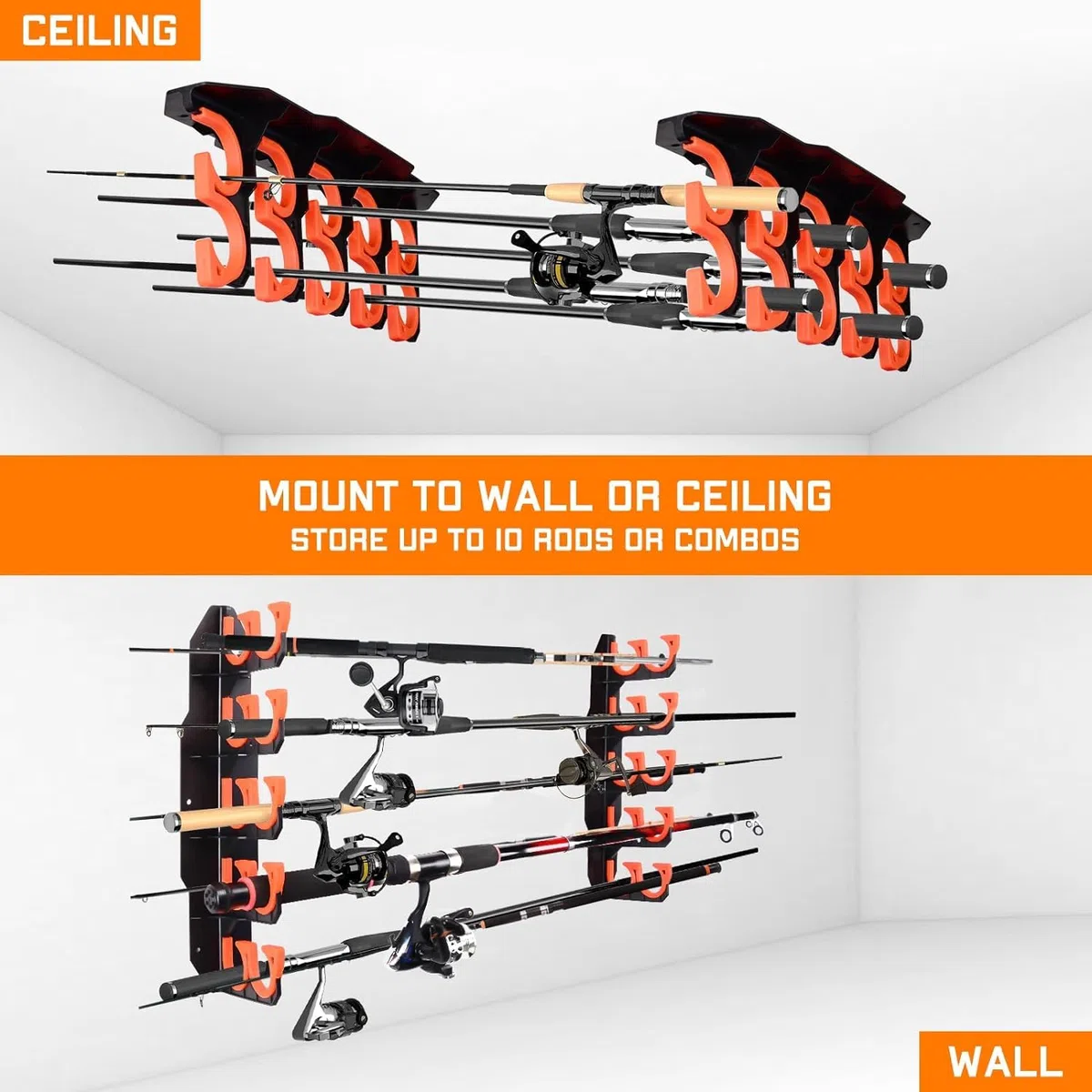 BOOSTEADY Support de Canne à Pêche, Porte Canne à Pêche pour Garage, Support de Rangement Mural/Au Plafond pour 10 Cannes