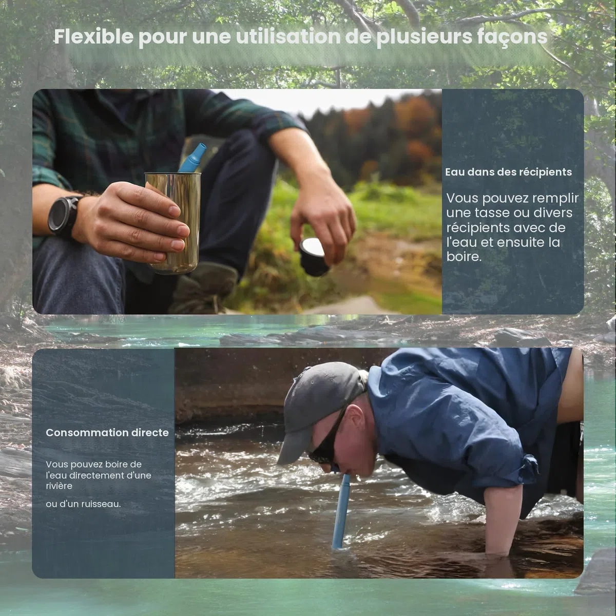 Paille Filtrante de Survie- Purificateur d'Eau pour Randonnée Camping Bushcraft - Filtre à Eau de Poche, Materiel Militaire Accessoires Survivalisme Equipement Kit. (bleu*2)