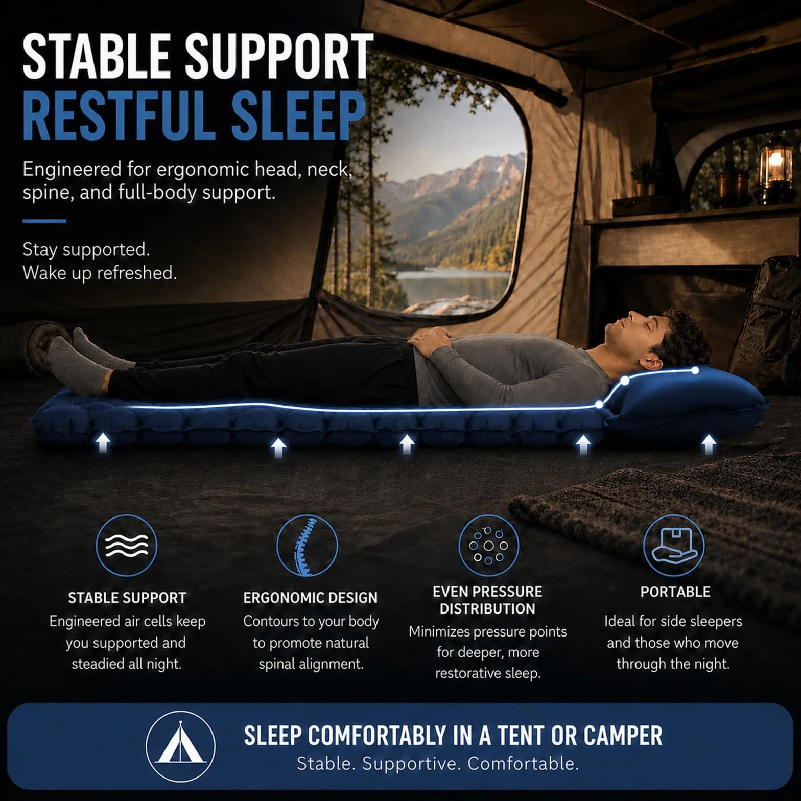 CIYIN Matelas Camping Autogonflant, Matelas Gonflable 1 Place, Matelas de Plage, avec Oreiller et Pompe à Pied intégrée, Ultra Léger, Portable, pour Tente Trekking Randonnée (Bleu Marine)