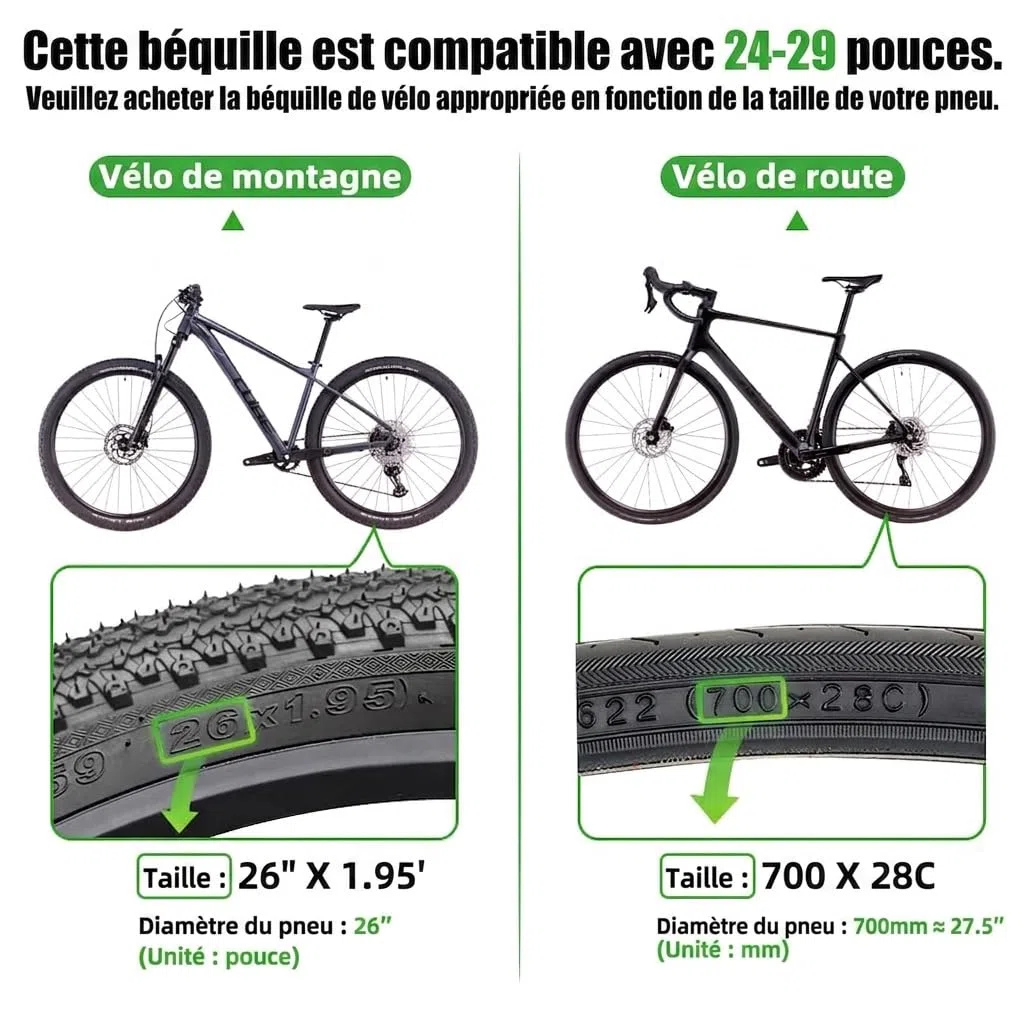 RBRL Béquille de vélo de 24 à 29 Pouces, Stable et antidérapante, réglable en Hauteur, en Alliage d'aluminium, pour VTT, vélo de Route, vélo électrique