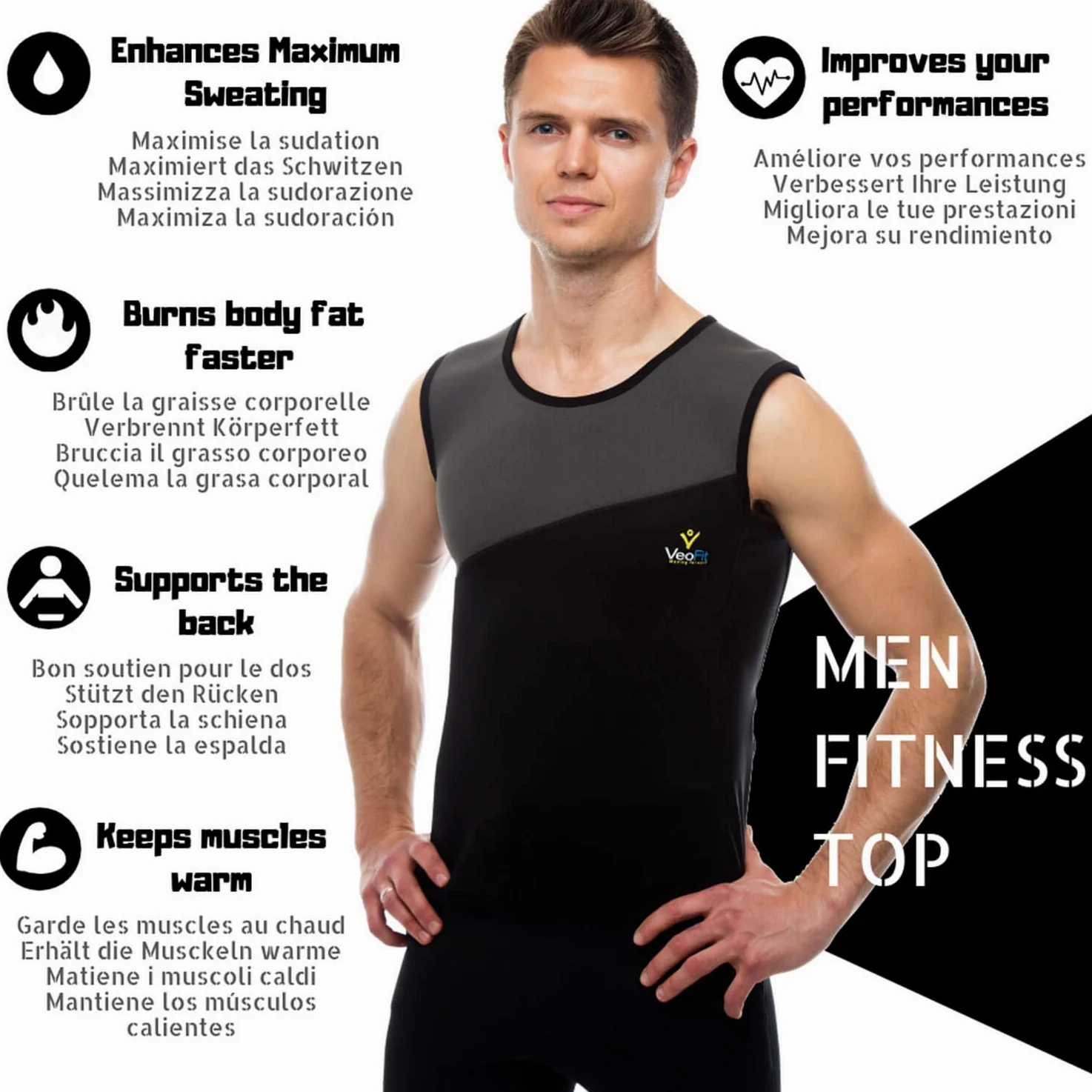Gilet de Sudation Homme pour Perdre du Ventre en Neoprene VeoFit - Debardeur Homme Musculation Tailles S–XXXL OFFERTS : Guide de Remise en Forme et Sac de Transport