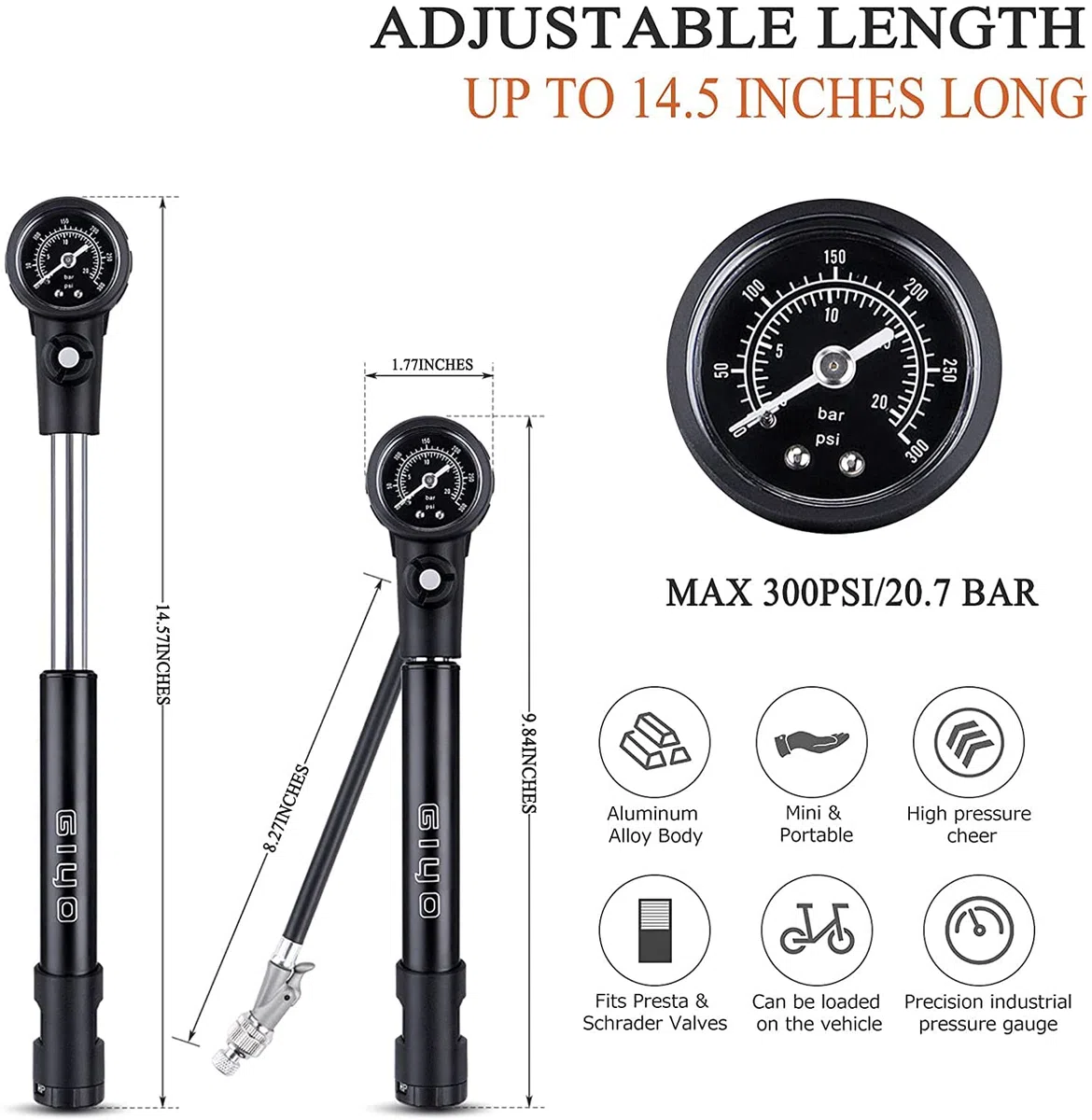 GIYO MTB-300psi Pompe à vélo Haute Pression pour Amortisseur et Fourche de Suspension Mini Pompe à vélo Portable avec Adaptateur de Valve Presta et Schrader