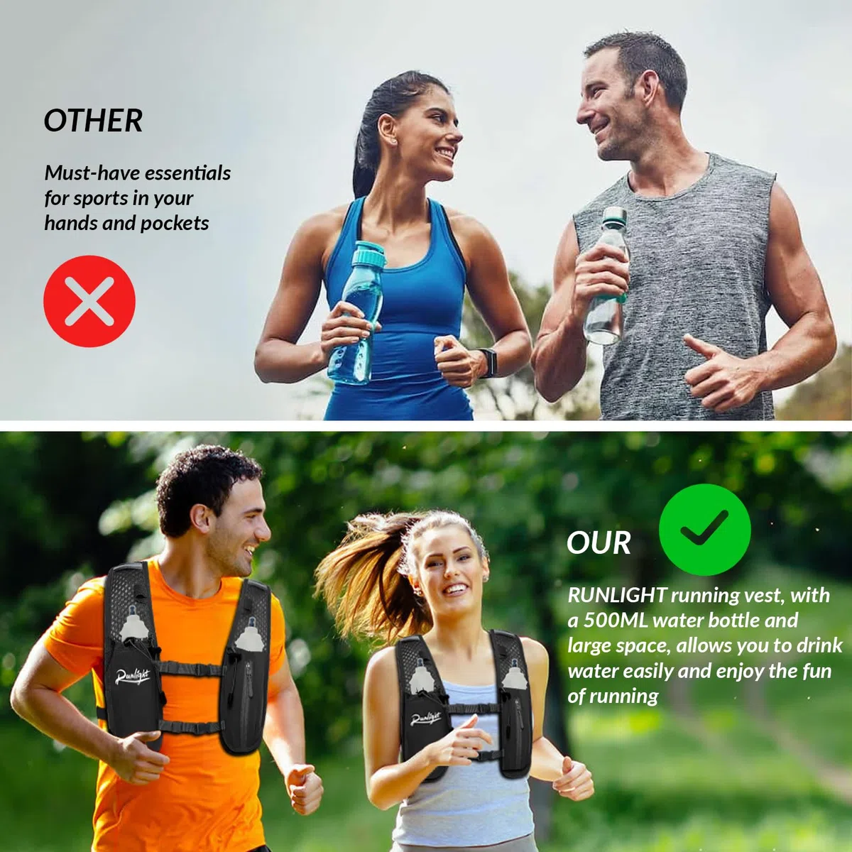 Gilet de course, sac à dos à eau léger avec bouteille souple de 500 ml, sac à dos de course pour hommes et femmes, sac à dos d'hydratation pour la randonnée, le cyclisme pour hommes et femmes