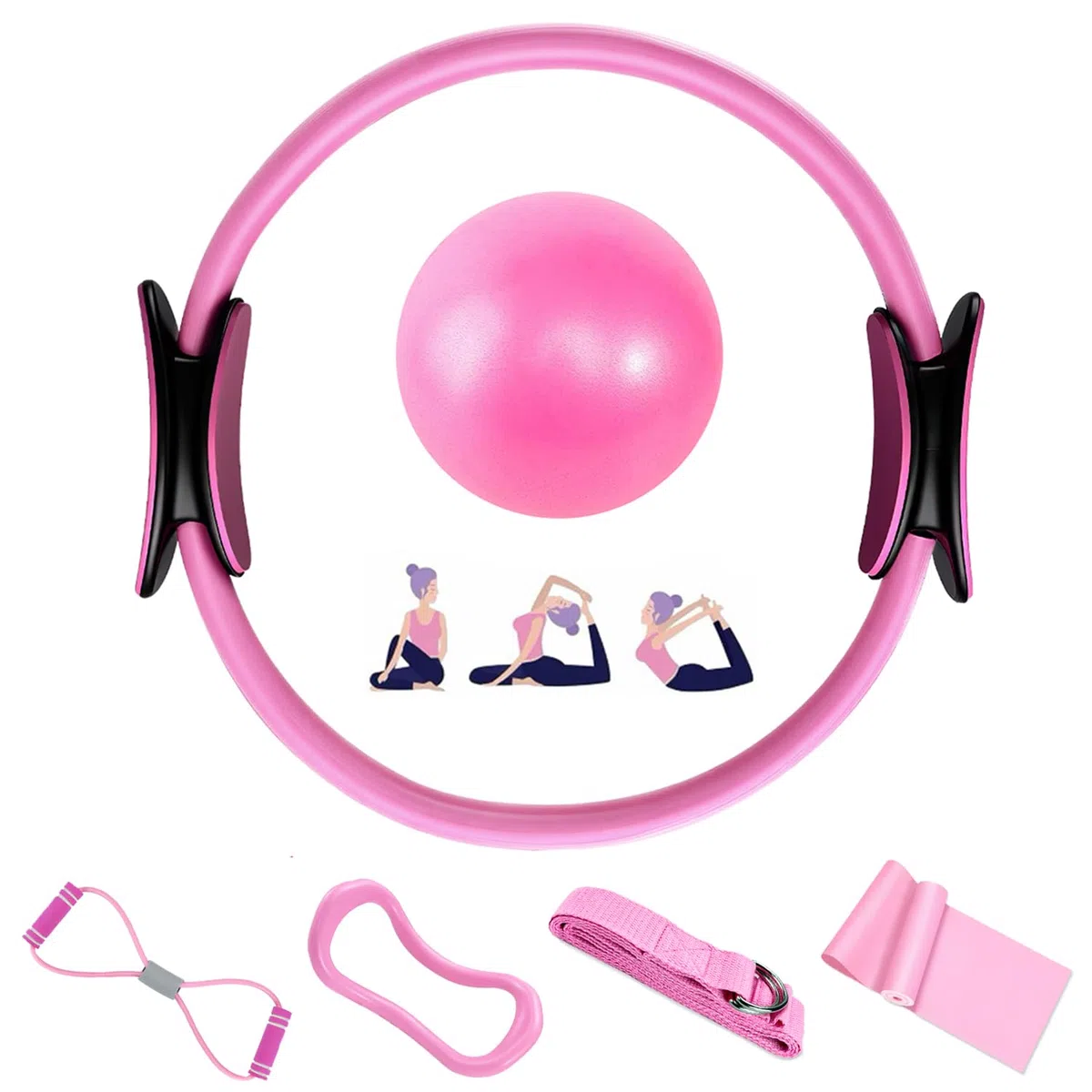 Pilates Ring Set - 6 Pièces, Anneau de Pilates, Ballon de Yoga, Bandes de Résistance, Kit Pilates pour Maison, Kits de Yoga et Pilates Accessoires, Cercle Magique de Fitness Femmes
