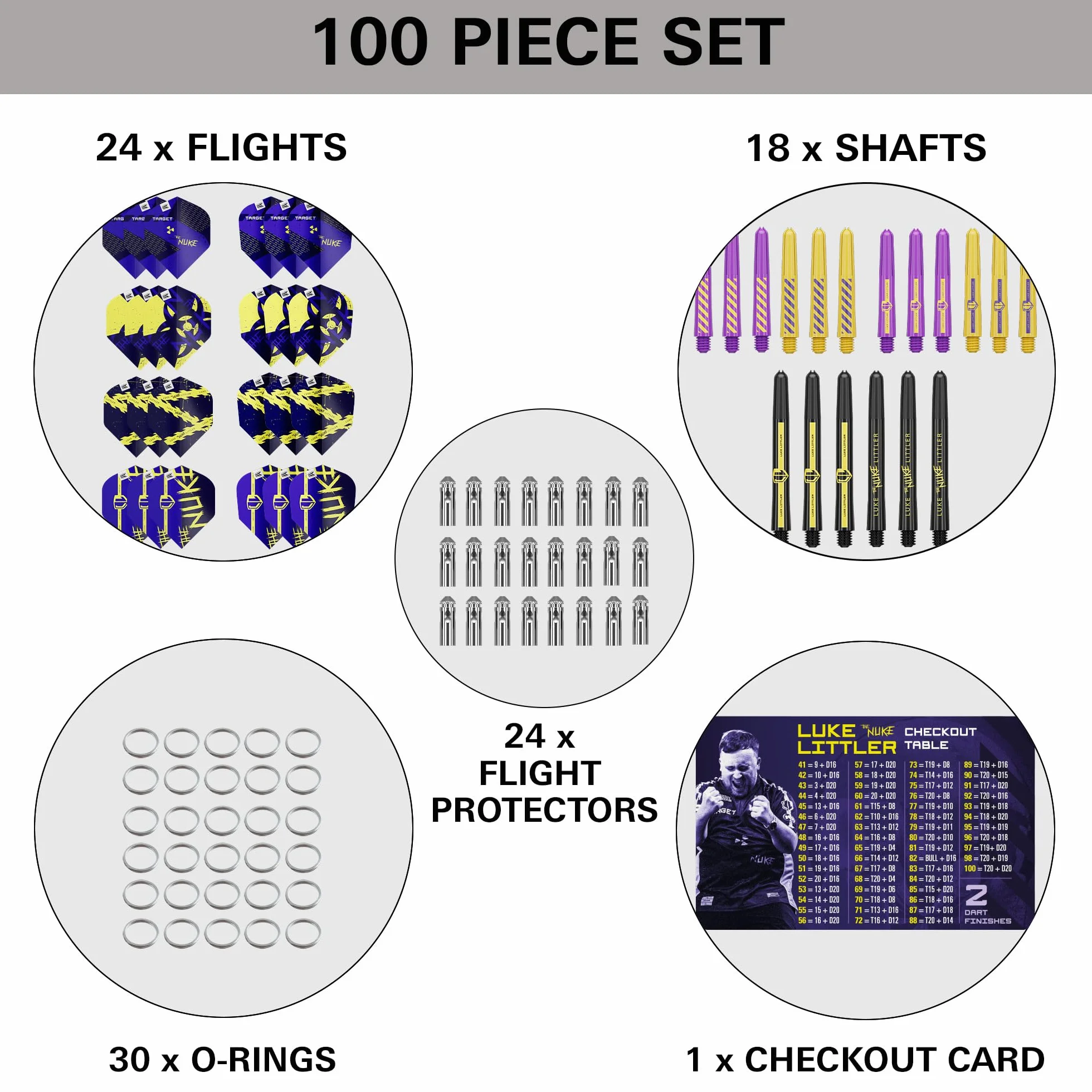 Target Darts Luke Littler Laiton avec Pointes Fixes en Acier Fléchettes, 22G | Tiges Pro Grip et Ailettes Pro Ultra N° 2 | Jeu de Fléchettes Professionnel 100 Pièces Accessoires Tous