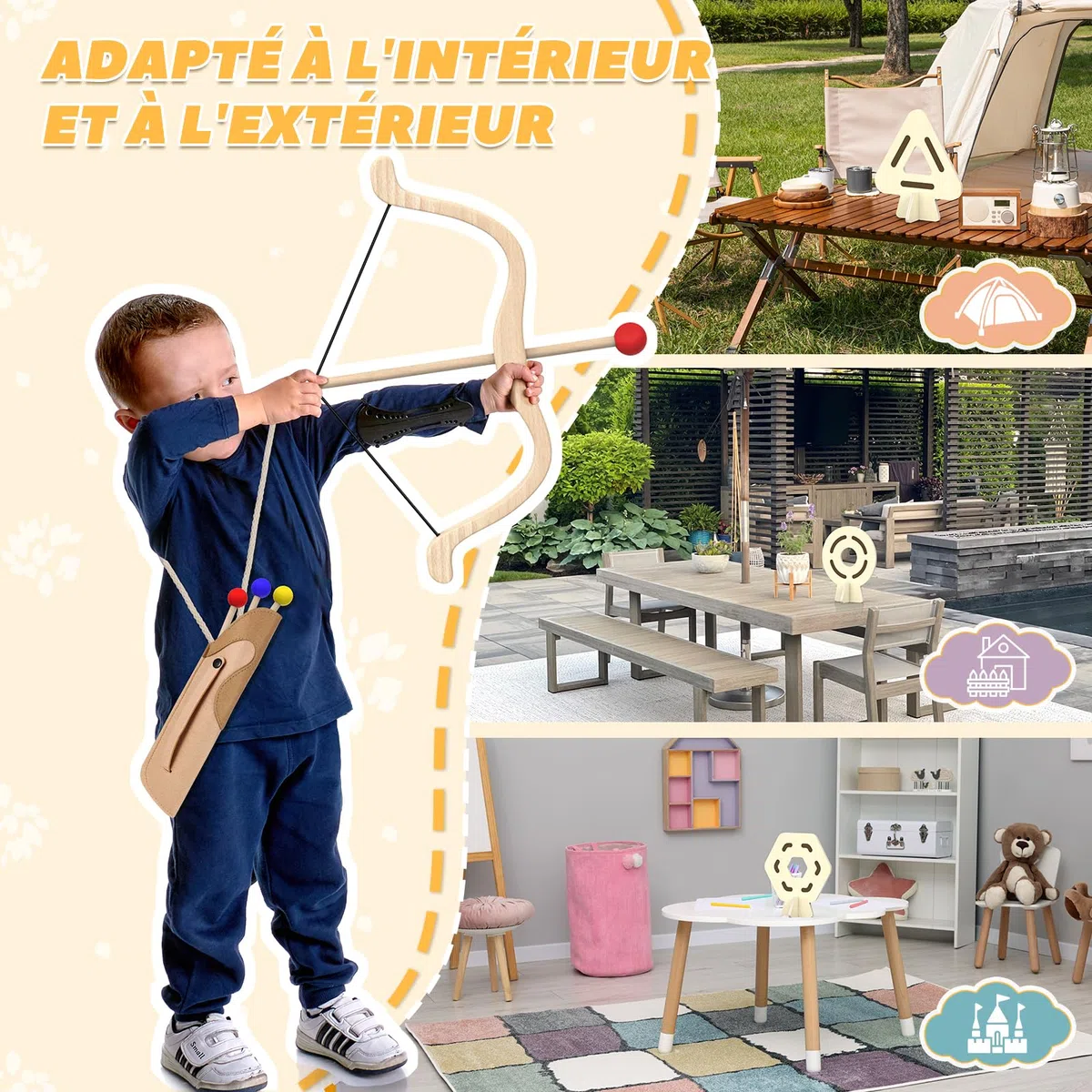 Arc et Flèches pour Enfants en Bois, 3 Flèches 3 Cibles, Carquois Jouet Intérieur Extérieur (3-8 Ans) pour Droitiers Gauchers