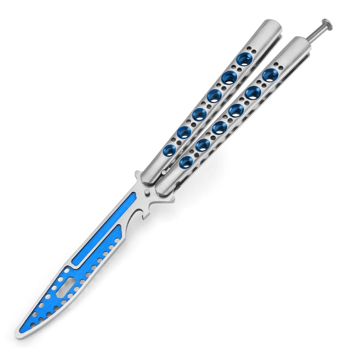 MARCOLO Entraîneur de papillons d'entraînement complet en acier inoxydable terne Balisong Trainer Peigne d'entraînement papillon non affûté pour CS GO Outil multifonctionnel avec clé hexagonale Bleu