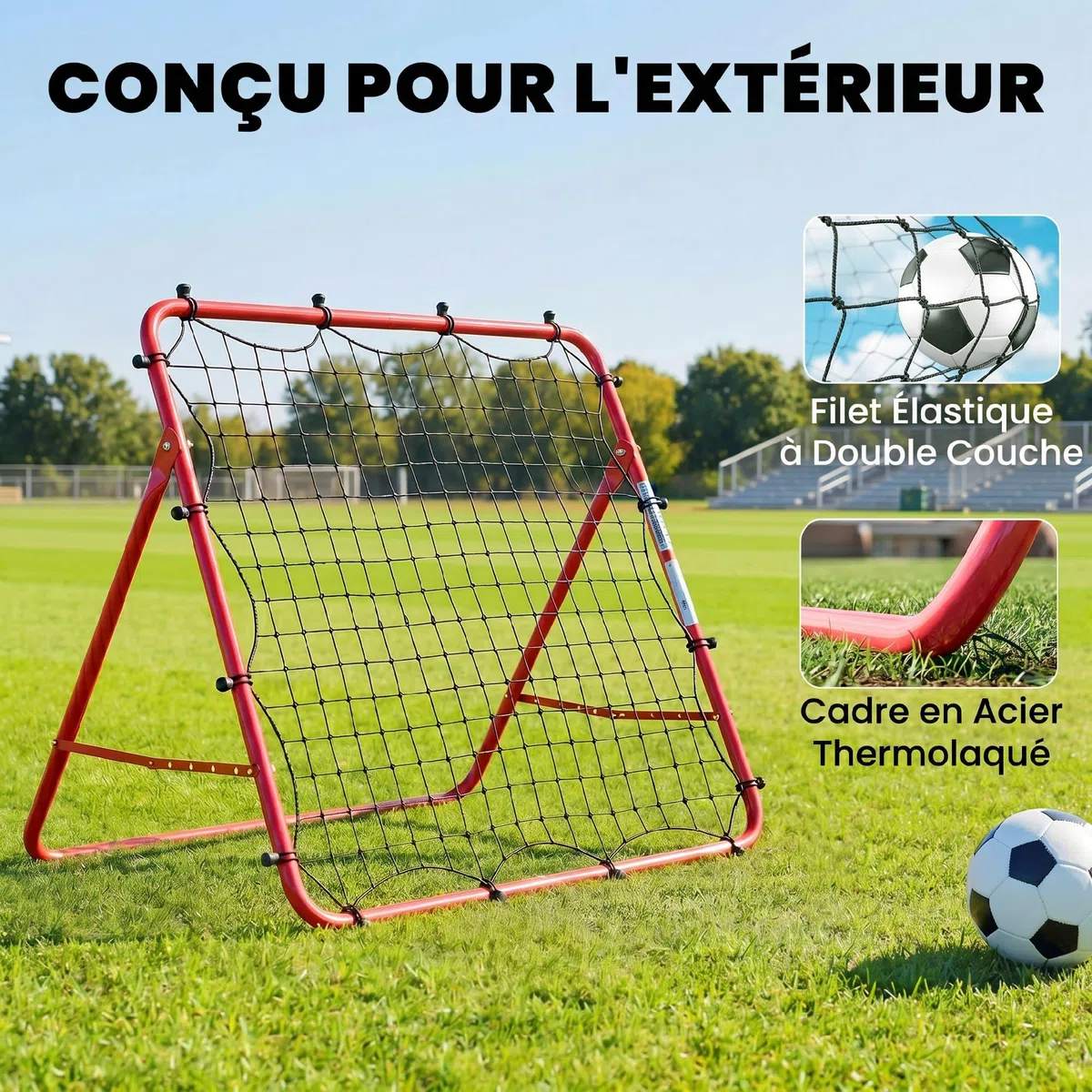 SPORTNOW Filet de Rebond Football Portable, 5 Angles Réglables en Acier et Nylon à Double Couche, pour l'Entraînement au Football Tennis Handball, 103x72x89cm, Rouge
