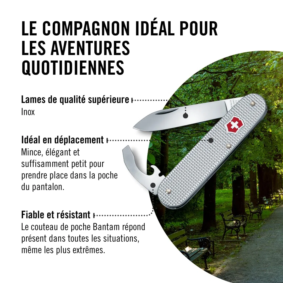 Victorinox Couteau de Poche Bantam, Petit, 5 Fonctions, Swiss Made, Outil Multifonction avec Lame, Ouvre-Boîtes, Tournevis, Argent