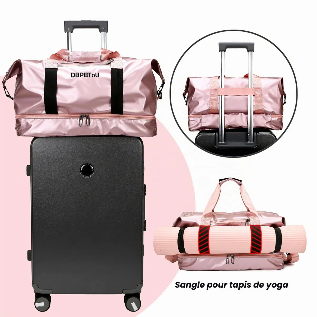 Sac de Sport Femme, Sac de Voyage Femme avec Compartiment à Chaussures et Compartiment Humide, Sac de Voyage avec Sangles pour Tapis de Yoga (Rose)