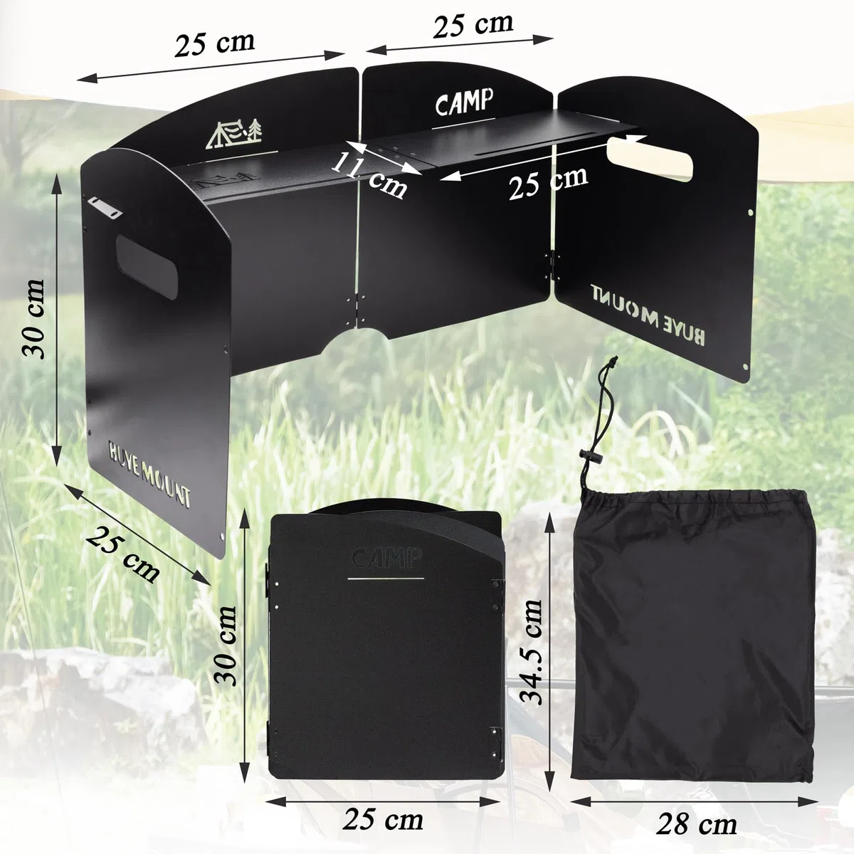 Pare Vent Pliable Réchaud, Pare-Vent Pliable, Pare-Brise Cuisine Extérieure, Pare-Brise Pliable en Acier, Pare-Vent de Camping, avec Compartiments, pour Camping, Barbecue,Pique-Nique(Ferreux)