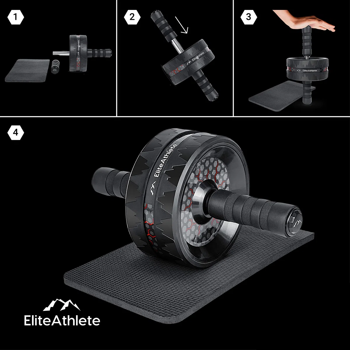 EliteAthlete Roue Abdominale - Roulette Abdominaux - AB Wheel - Rouleau Abdo - Abdos musculation appareil de sport fitness - AB Roller incl. tapis rembourré