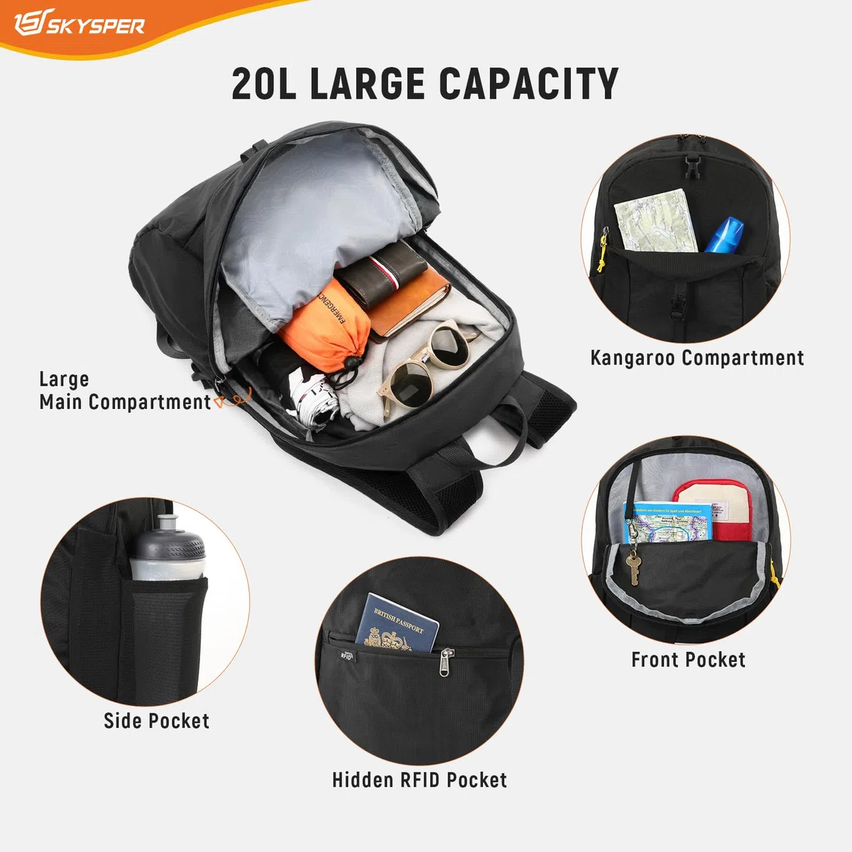 SKYSPER Sac à dos Pliable Antivol avec Protection RFID, 20L Sac à dos de Randonnée Petit Sac à dos pour Homme Femme Voyages Trekking Sport