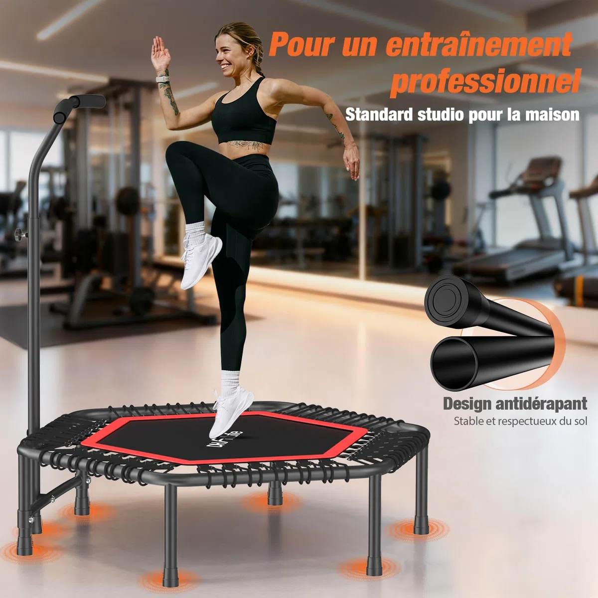 DH FitLife Trampoline Fitness Indoor | Ø114cm 45 Pouces Mini Trampoline | Capacité 150 KG | avec 3 Niveaux de poignée réglables | Stable et Silencieux