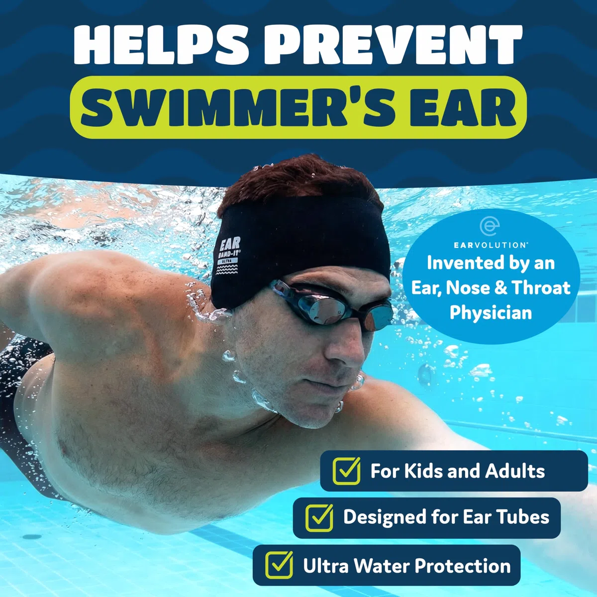 Ear Band-It Ultra Bandeau de natation (empêche l'eau d'entrer, tenir les bouchons d'oreille) Recommandé par les médecins Taille L (8 ans adultes) Tie Die Bleu