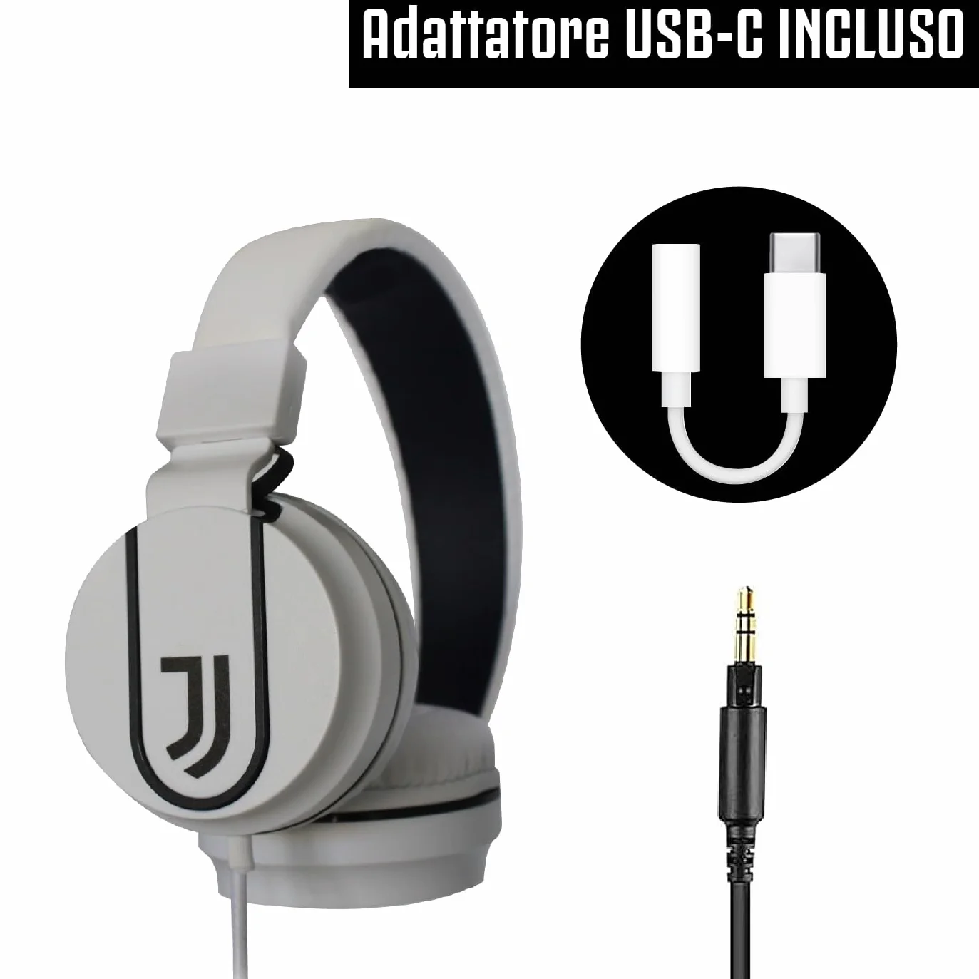 TECHMADE Juventus Football Casque Micro Inclus |on-Ear | avec Fil câble auxiliaire | Blanc/Noir | avec Adaptateur USB-c