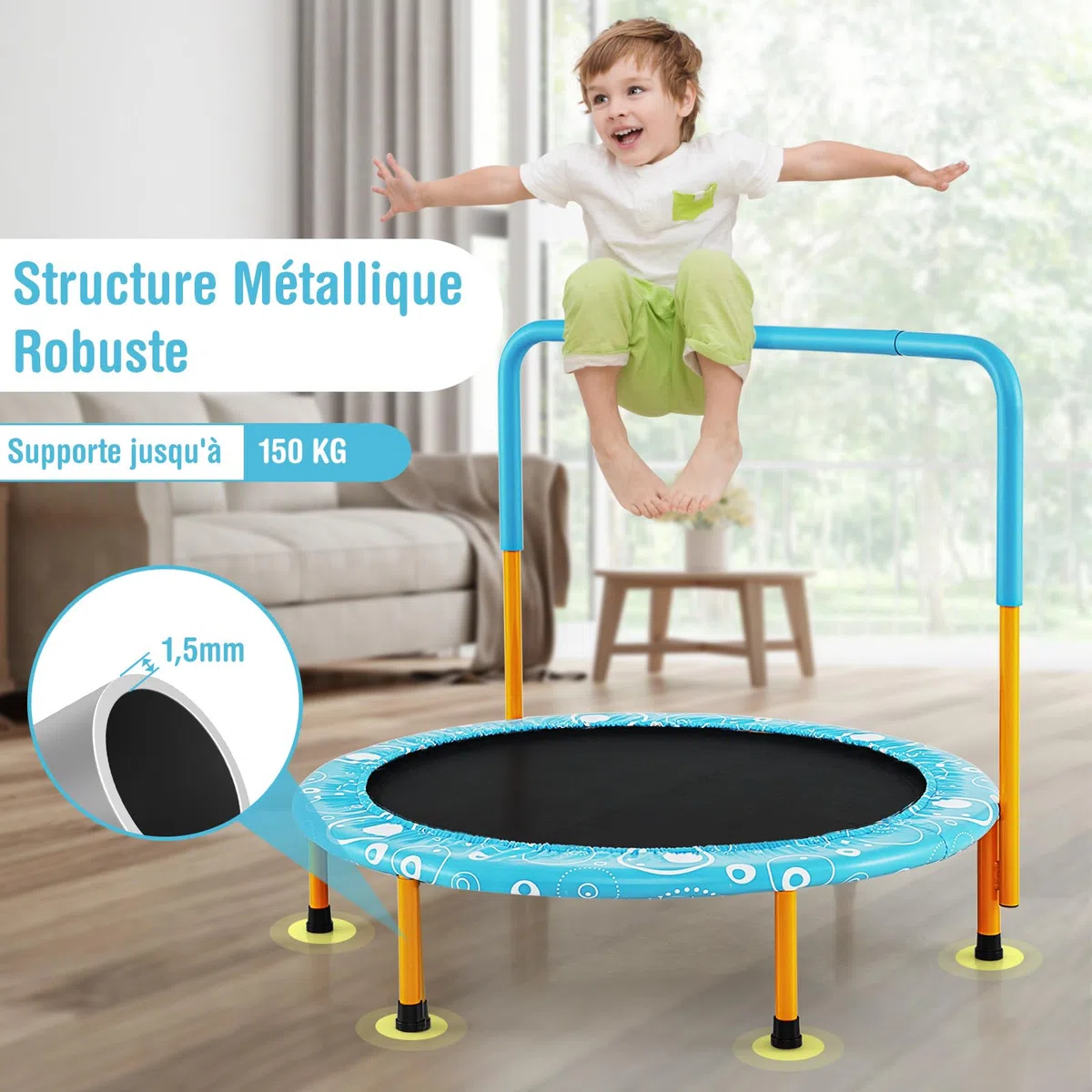 COSTWAY Mini Trampoline Enfants Pliable 92 cm avec Housse de Sécurité Matelassée et Poignée Recouverte pour Intérieur Charge maximale 150 KG