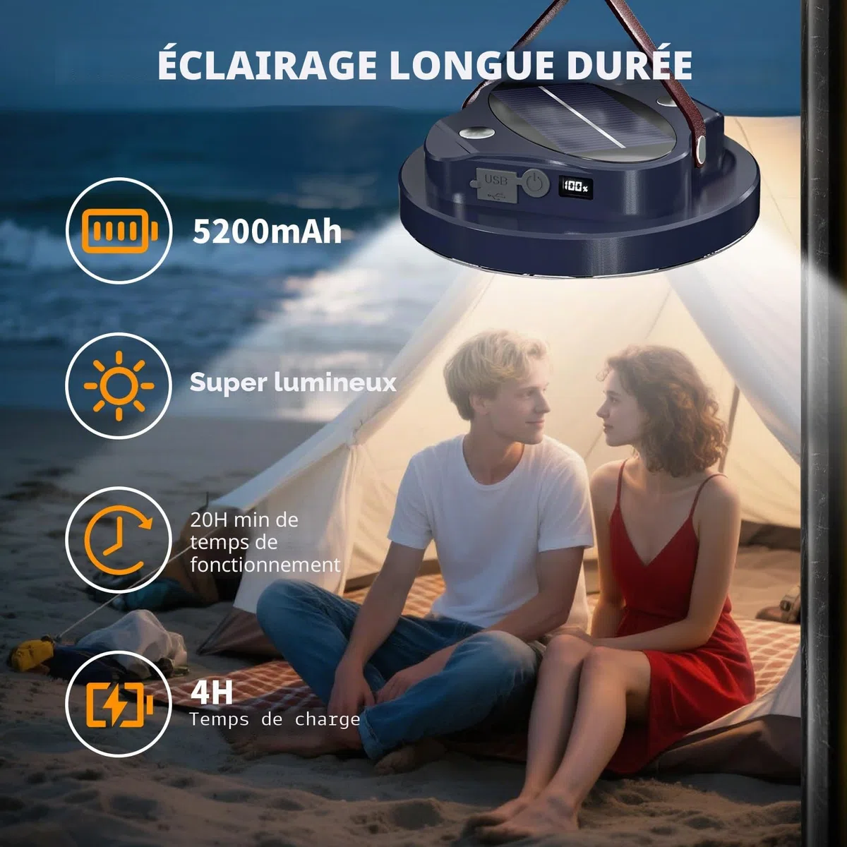 LETOUR Lampe de Camping Rechargeable, 4 Modes de Lumière Réglable Super Lumineuse, Portable avec Crochet Lampe Solaire Camping, Lanterne de Camping pour Extérieur et Urgence