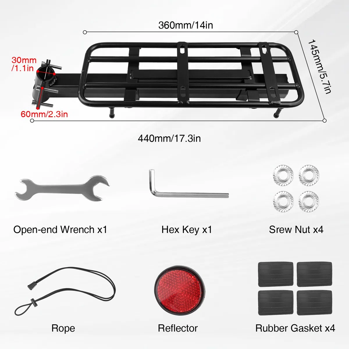 MEGHNA Porte-bagages arrière universel pour vélo - Charge maximale : 30 kg - Réglable pour roues de 20 à 29" - Porte-bagages robuste en aluminium - Montage facile avec outils