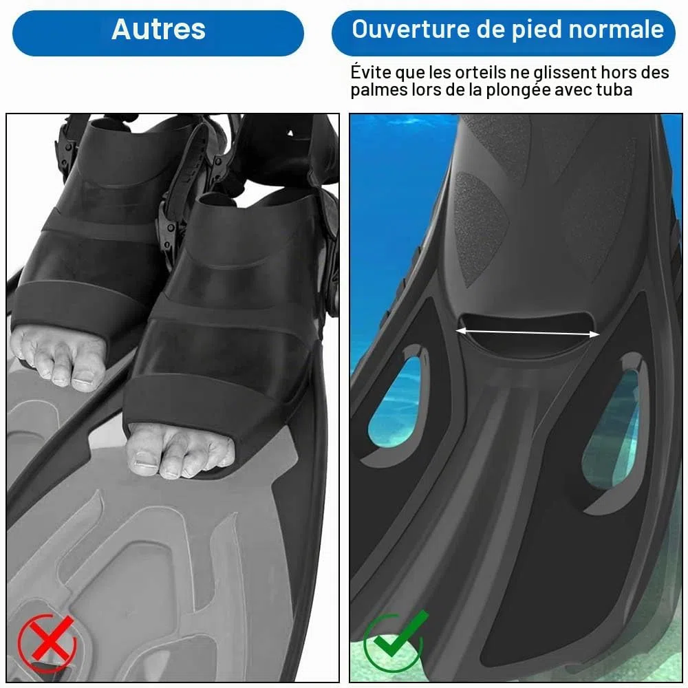 Palmes de plongée réglables Taille 42-47 Courte Réglable pour la plongée avec tuba Adulte Hommes Femmes L/XL
