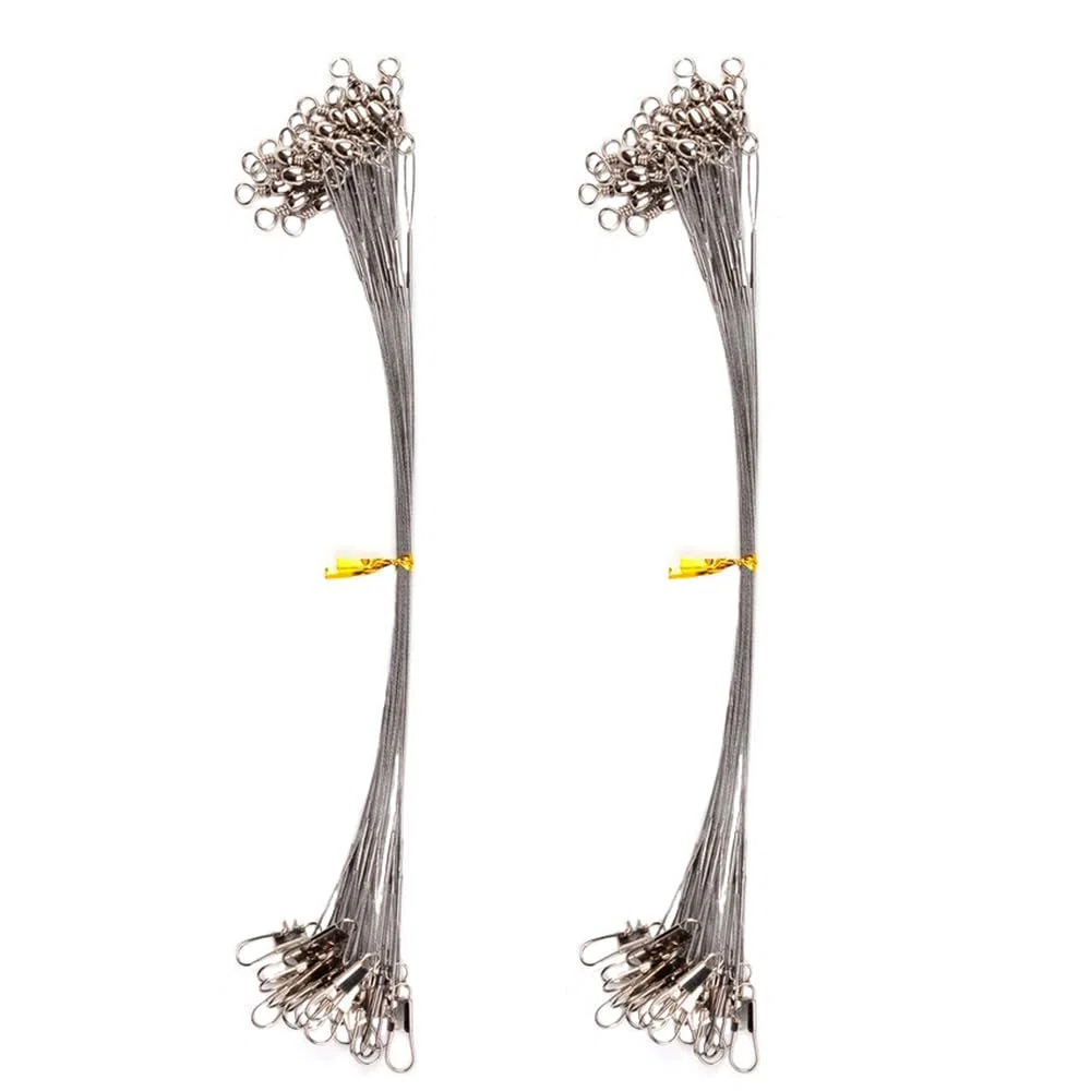 Lot de 50 câbles de pêche en acier de 13,6 kg avec émerillons et boutons-pression pour brochet caché Ligne principale pour empêcher les poissons de mordre le brochet Ligne principale cachée pour