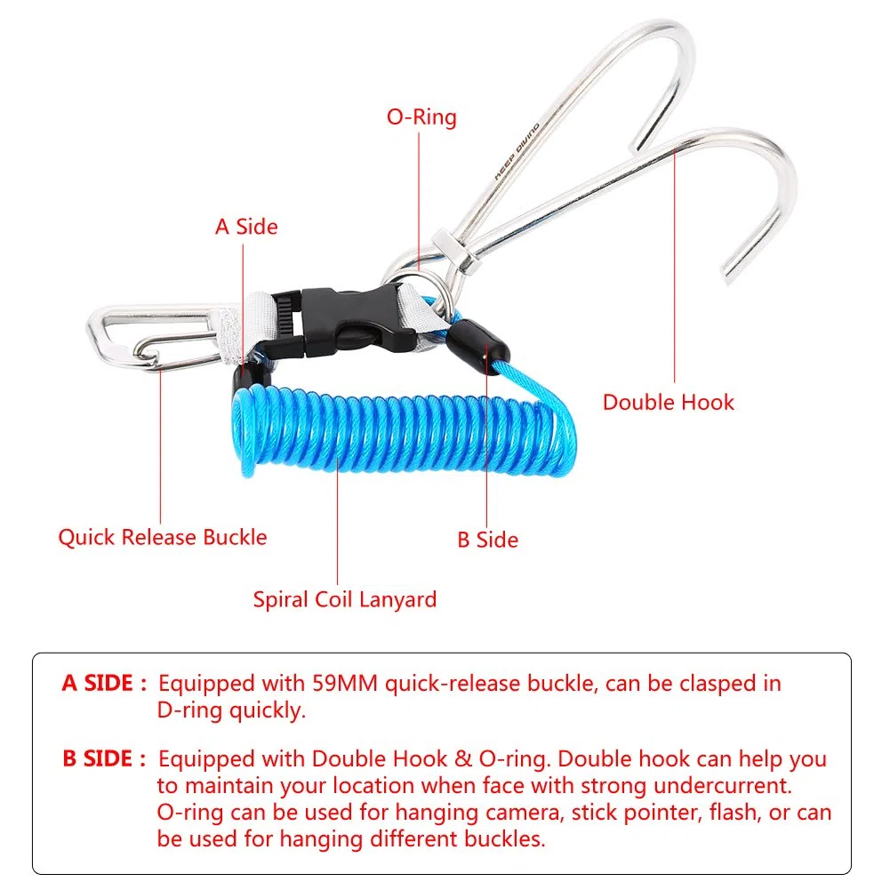 Crochet de plongée double en acier inoxydable avec cordon en spirale et boucle à dégagement rapide