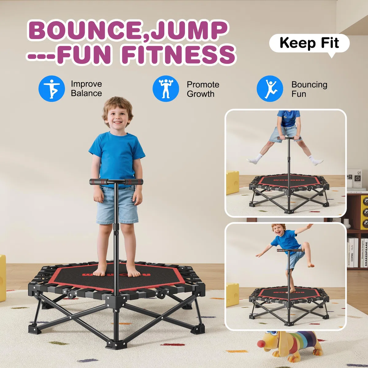MOMODA Mini Trampoline de 76,2 cm/114,3 cm pour Enfants et Adultes, Trampoline d'exercice Pliable avec poignée, Charge maximale de 90,7 kg