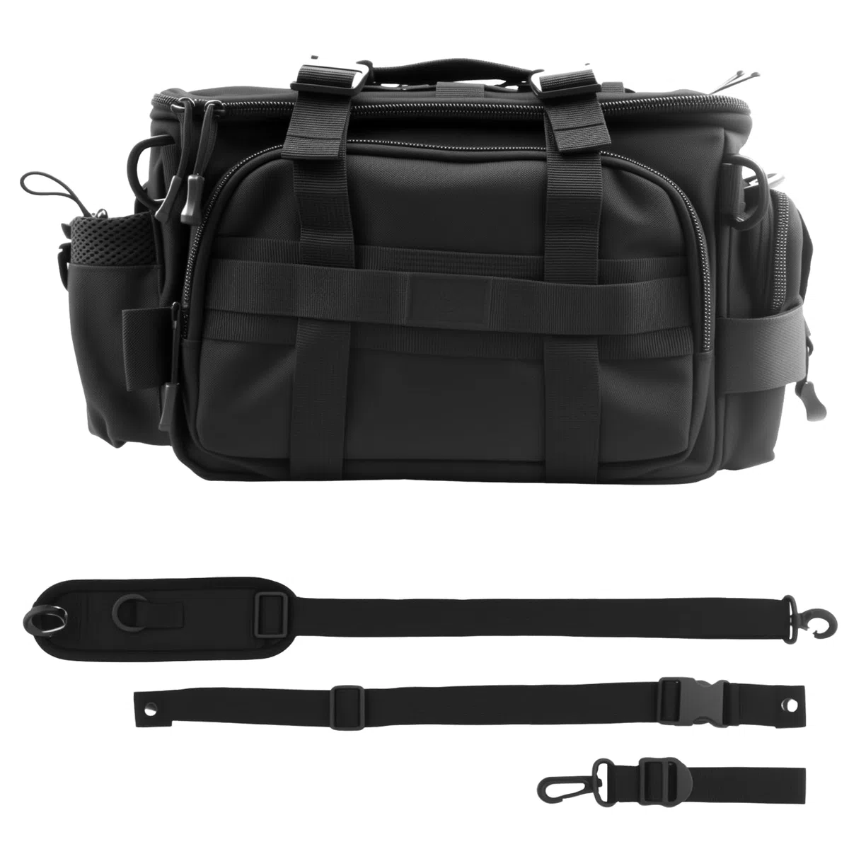 Sac de pêche - Sac de pêche - En tissu Oxford imperméable - Grande capacité - Multifonctionnel - Avec bandoulière rembourrée - Sangle ventrale - Pour pêcheurs - Noir