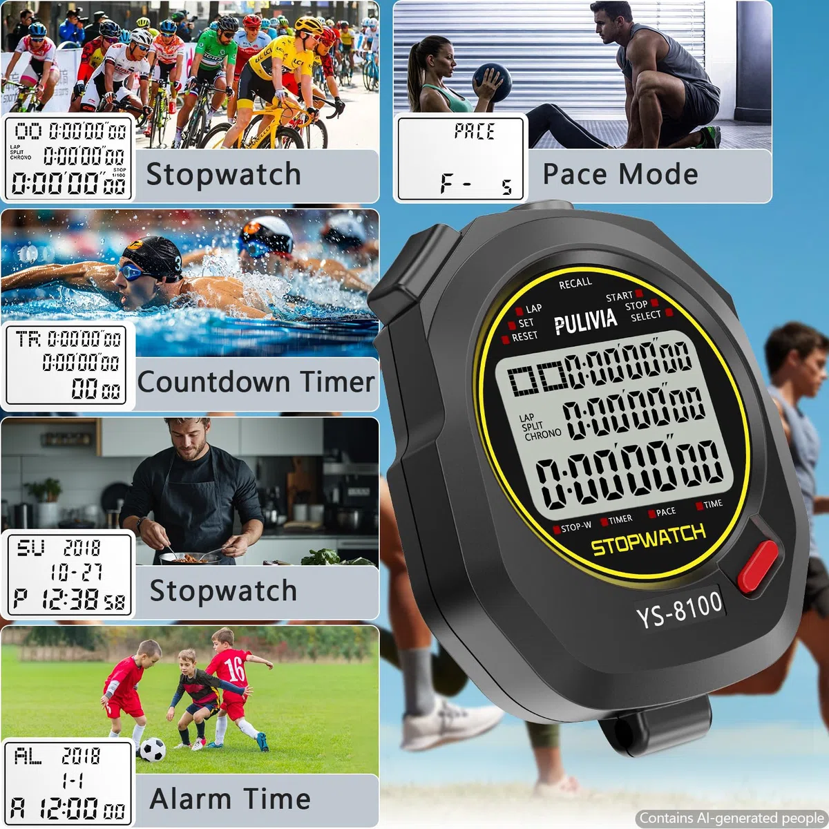 Chronomètre Sport 100 Tours/Splits Chronomètre à ReboNumérique avec Compteurs Horloge Alarme Calendrier, Grand écran Chronometre pour Entraîneurs Course à Pied Sport Entraînement, Noir