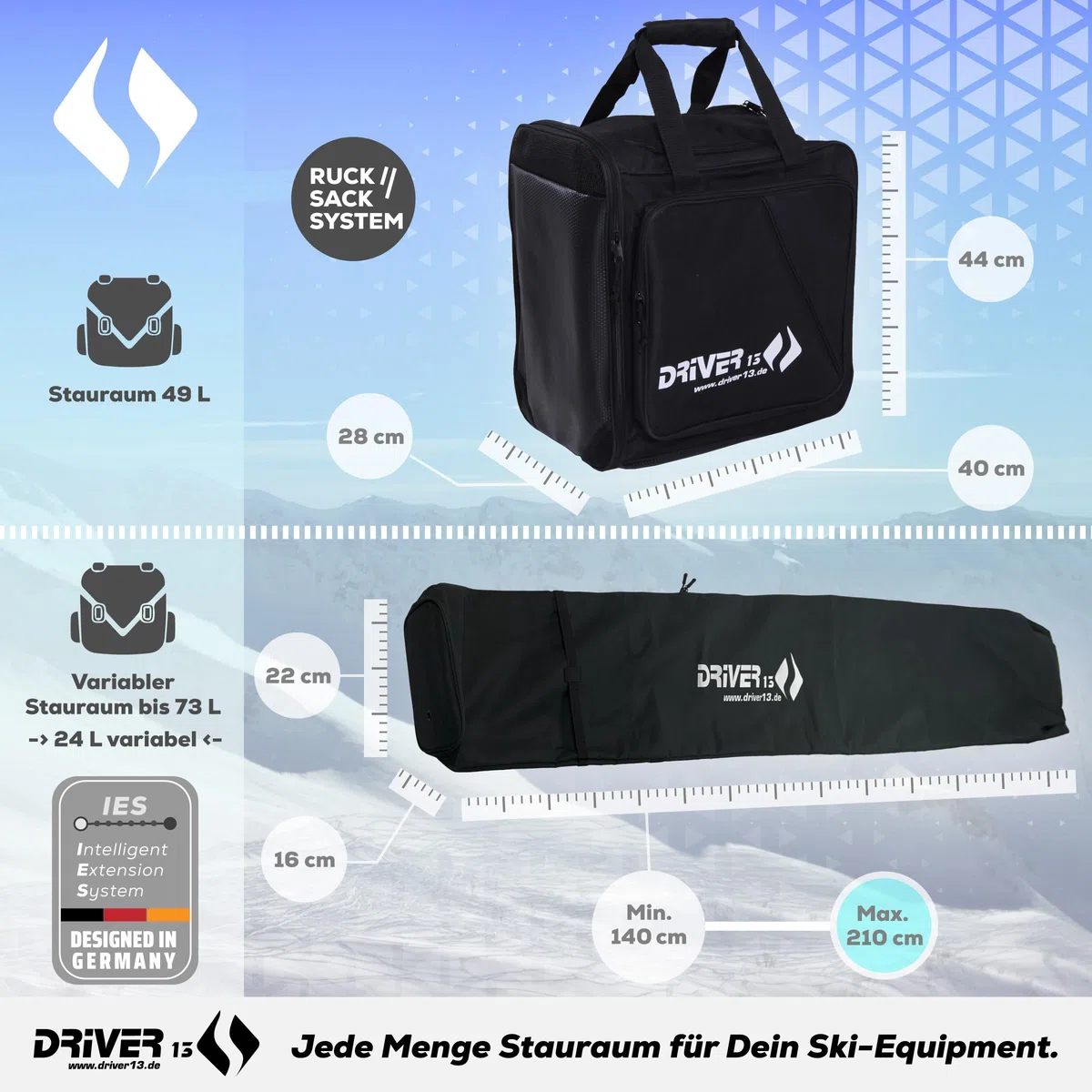 Driver13 Set Ski 2 pièces, Housse à Skis 140–210 cm et Sac à Dos Chaussures de Ski avec Compartiment Casque, système de Portage, Noir