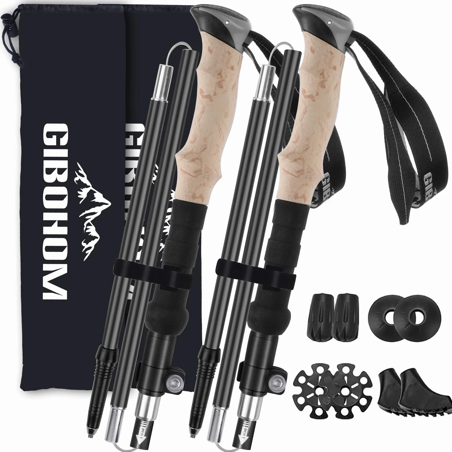 GIBOHOM Bâtons de Randonnée en Aluminium 2 PCS, Baton de Marche Nordique Pliable Télescopique Antichoc Antidérapant 105-125 CM, Baton de Randonnée avec 4 Paires de Tampons Caoutchouc pour Trekking