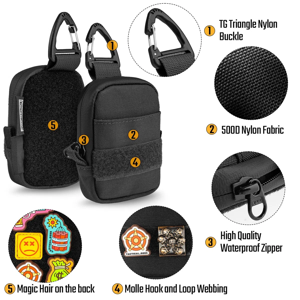 TACTICAL GEEK Storage A6 Mini EDC Organizer - Pochette en Nylon Cordura 500D à 2 Poches pour AirPod, Galaxy Bud, Écouteurs, Molle Tactique, Fermeture Éclair YKK, Accessoires de Sac à Dos, Noir