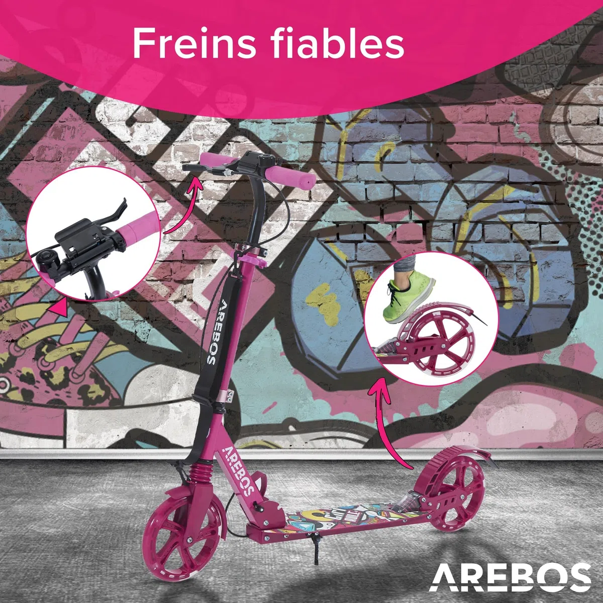 Arebos Trottinette de ville avec LED - Réglable en hauteur - Pliable - Avec Sangle de transport, frein à main et marchepied, pour enfants et adultes, charge maximale : 100 kg, trottinette