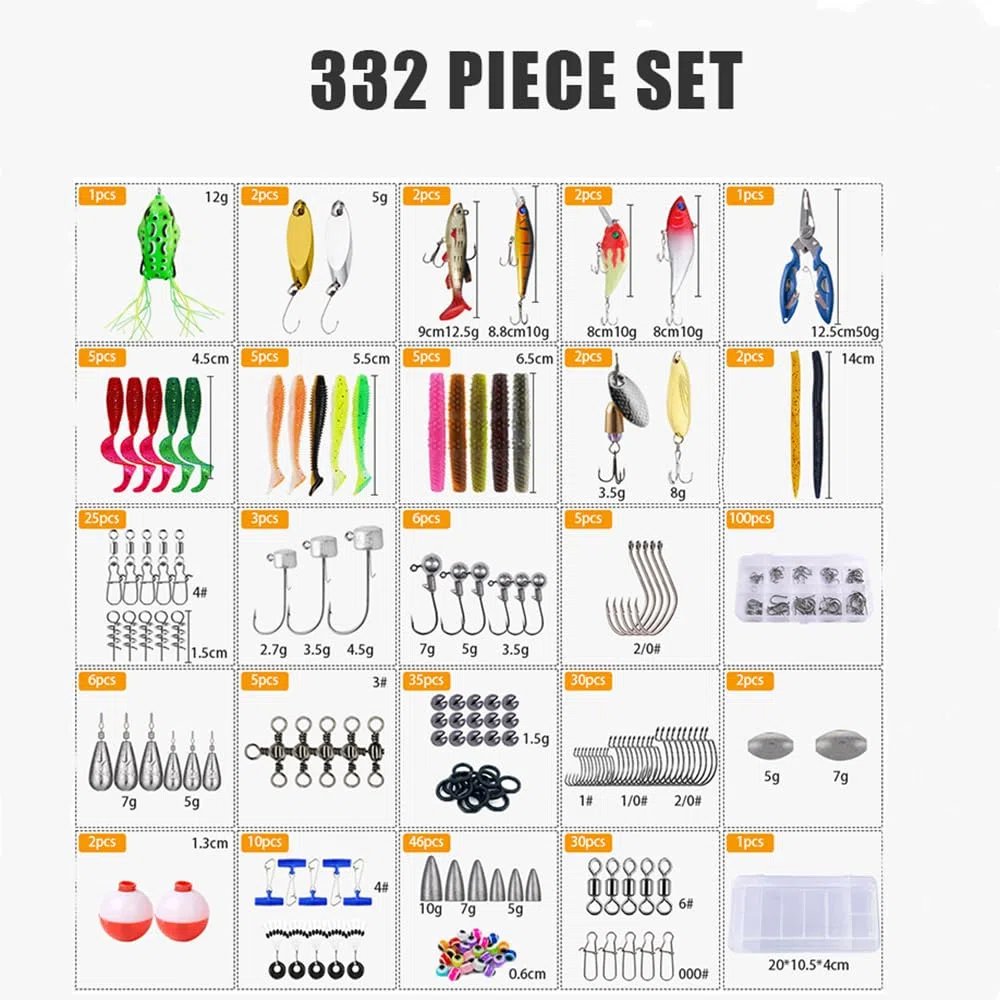 NEWFUN 332PCS Boite a Leurre, Leurre Peche Carnassier, Set d'appâts Artificiels Boîte à Pêche pour Brochet, Perche, Cabillaud, Pêche en mer Set d'accessoires pour Eau Salée et Eau Douce