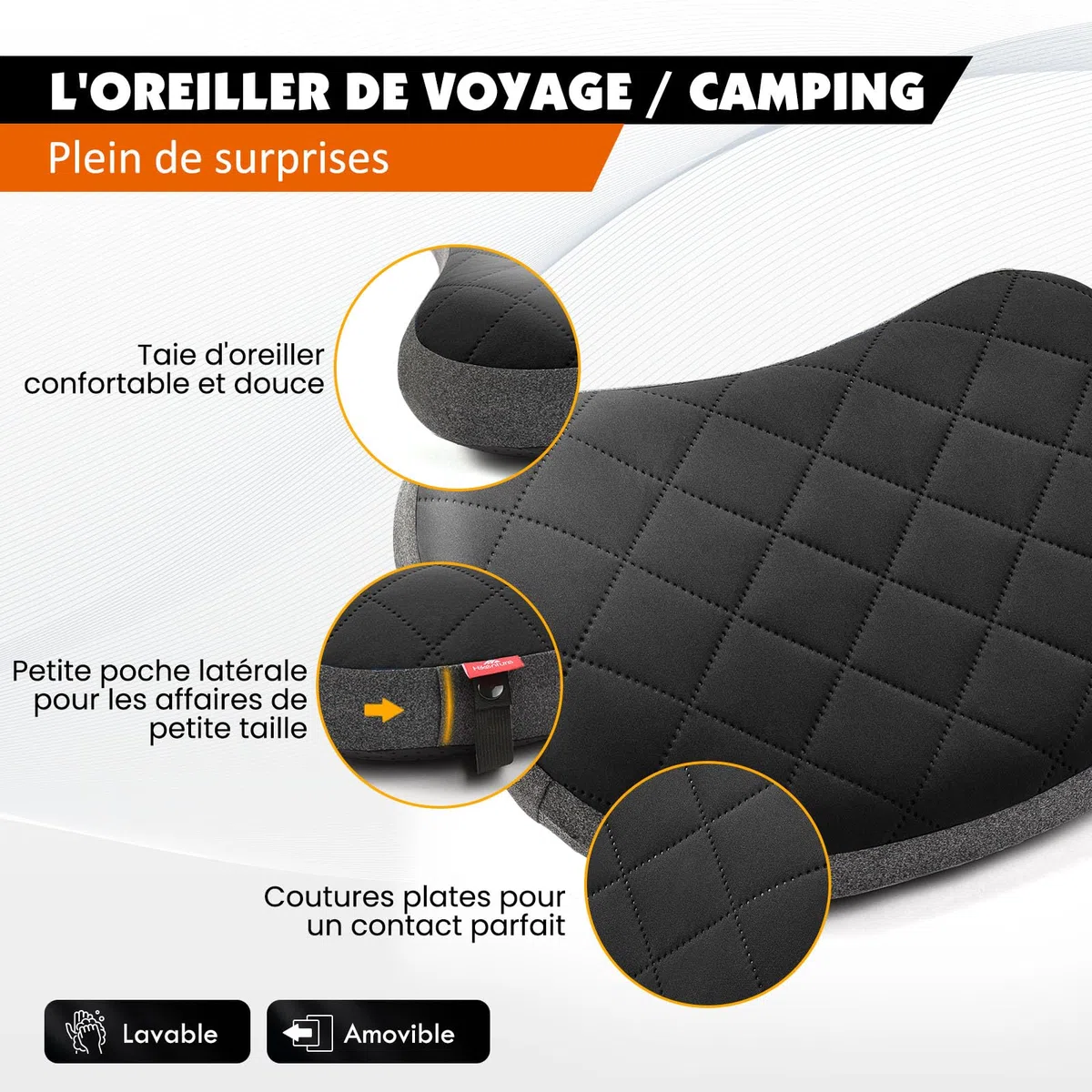 HIKENTURE Oreiller Gonflable Camping avec Taie Amovible – Coussin Gonflable Léger, Compact et Confortable - Coussin de Voyage Gonflable pour Camping, Trekking, Plage, Avion et Bivouac - Noir