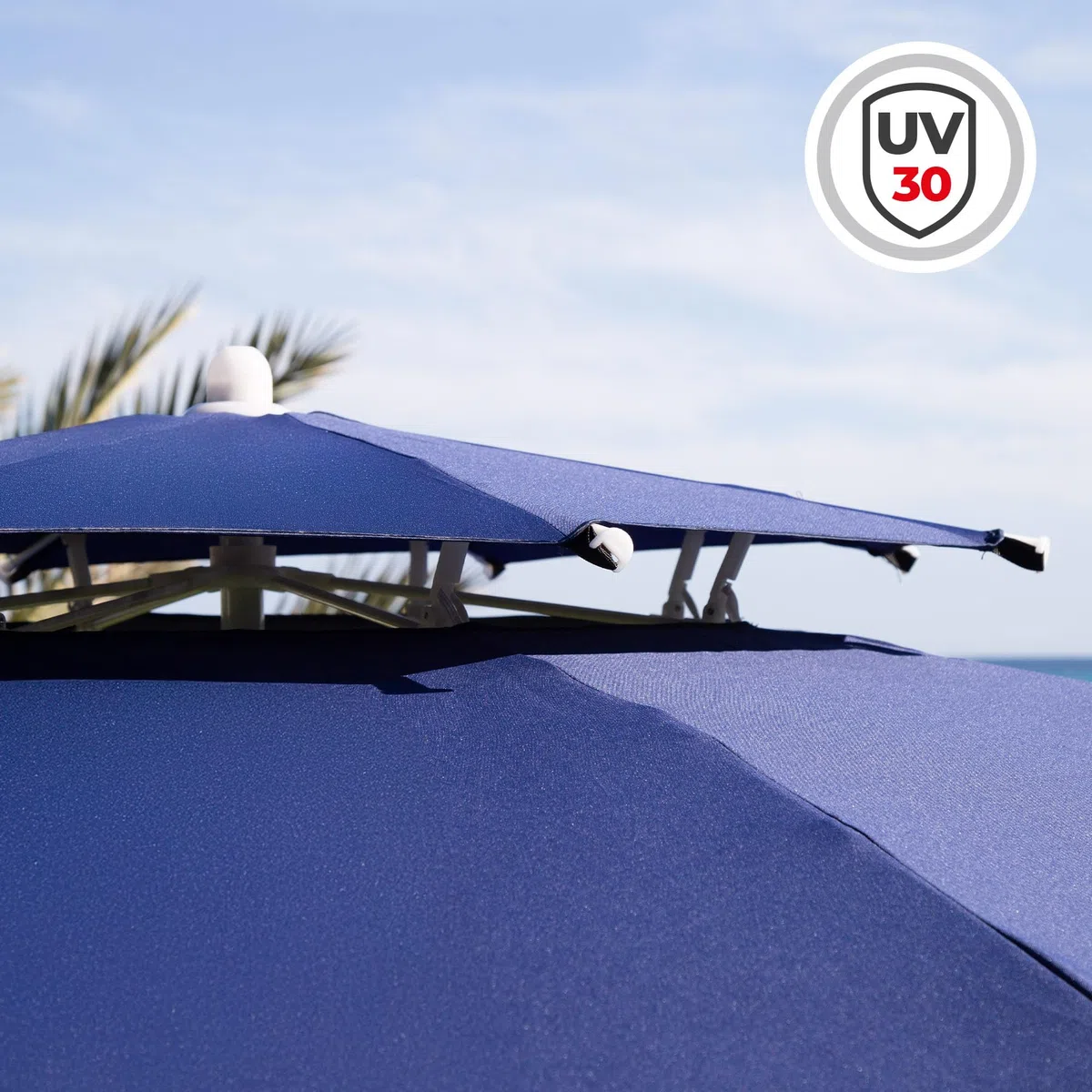AKTIVE Parasol de plage coupe-vent, 280 cm, Bleu marine, Tissu polyester, Protection UV30, Poteau métallique réglable, Capote ventilée, 8 baleines en fibre de verre