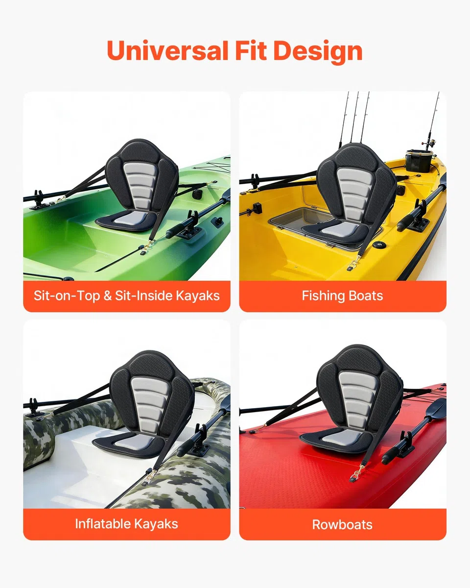 VEVOR Siège de Kayak Universel, Dosseret Sup 12 mm d'Épaisseur, pour Sup Paddle Planche à Pagaie Kayak Gonflable, avec Dossier, Coussin Rembourré Souple, Sac de Rangement et Sangles, Noir et Gris