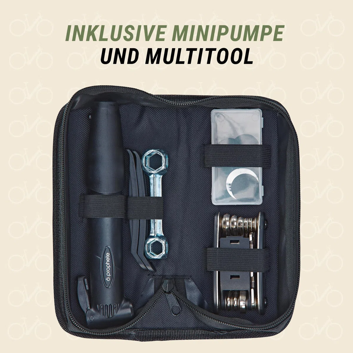 Prophete Sac à outils avec kit de réparation, outil multifonction, pompe : 21,5 x 7,5 x 9 cm, avec support de cadre Velcro.