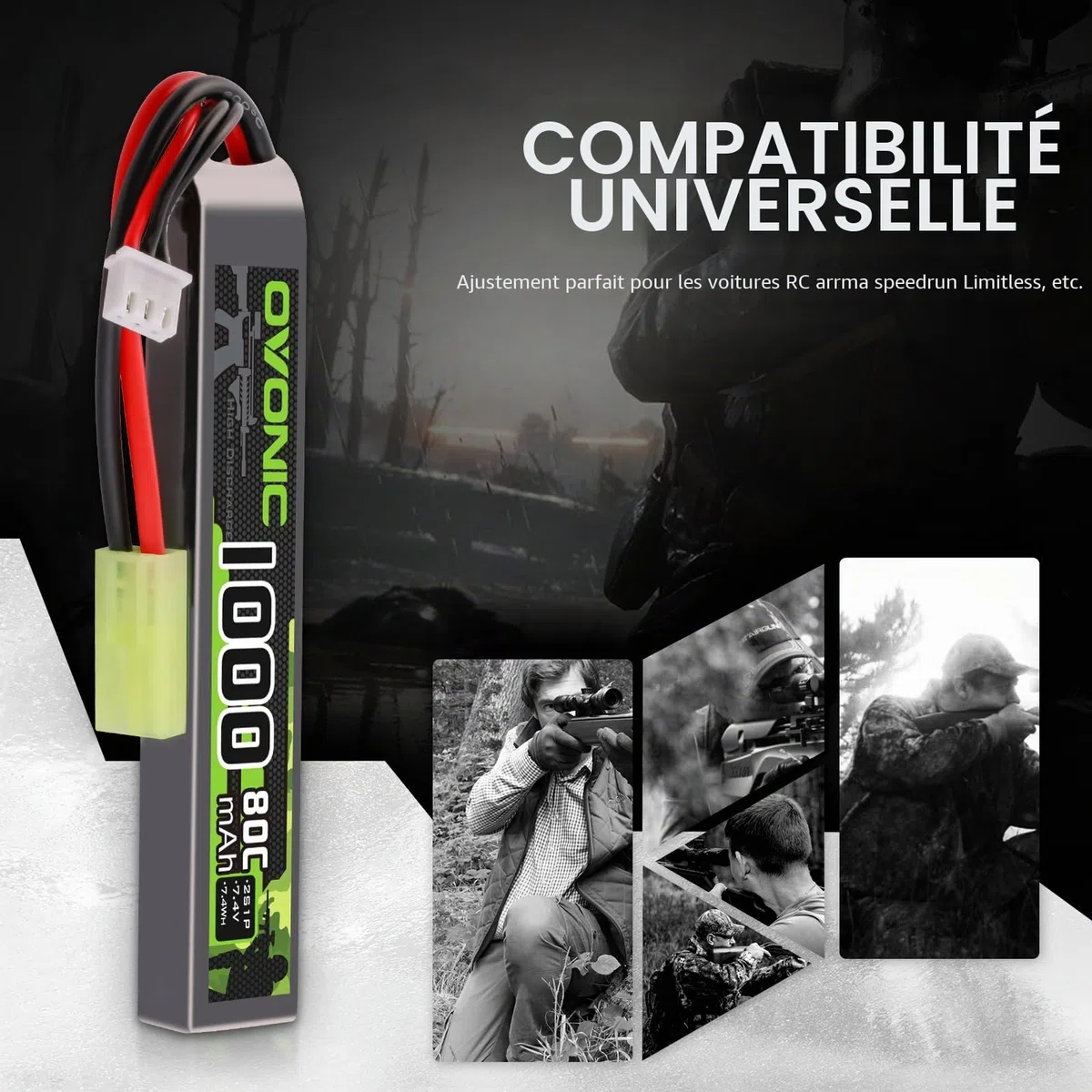 OVONIC Lot de 2 batteries Lipo 2S 7,4 V 80 C 1000 mAh Airsoft Lipo avec mini prise TMY pour pistolets Airsoft