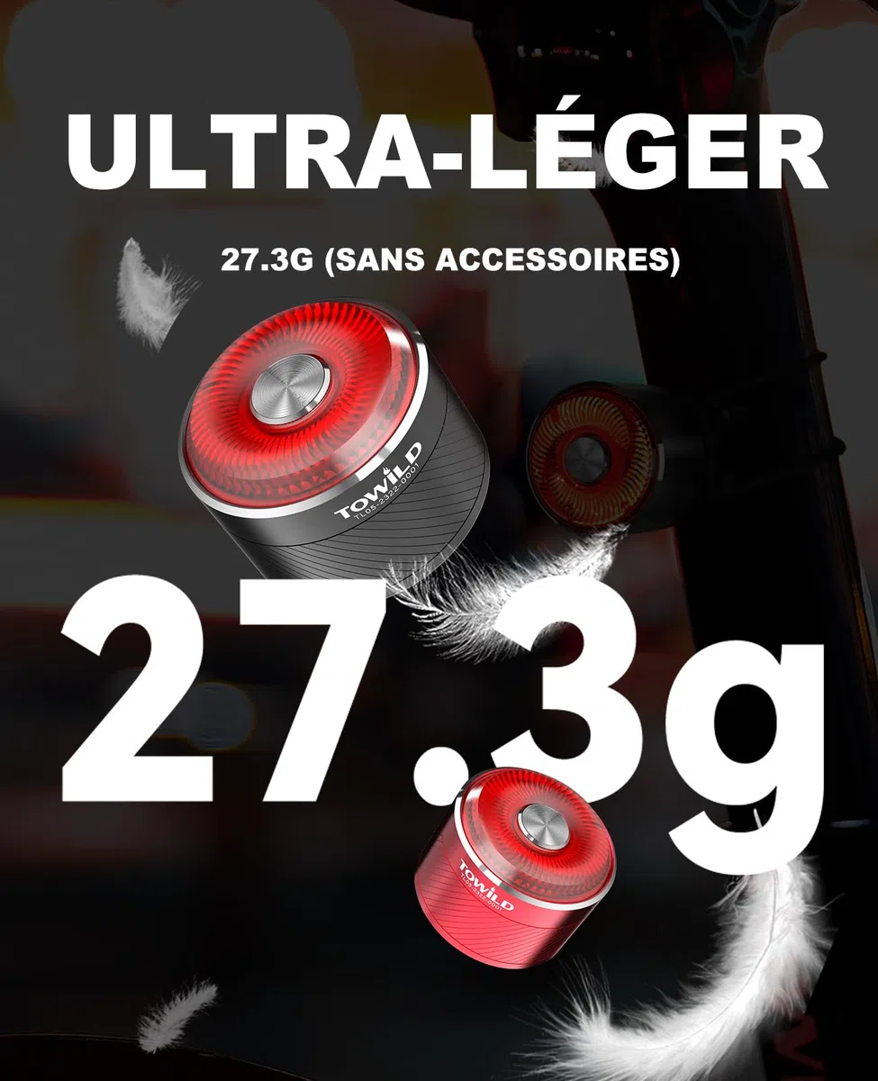 TOWILD TL05 Feu Arriere Velo,Lampe Arriere Velo avec Détection de Freinage,Lumière de Vélo Rechargeable USB-C, Éclairage Arrière étanches IPX6,5 Modes d'éclairage,Jusqu'à 40 Heures d'autonomie