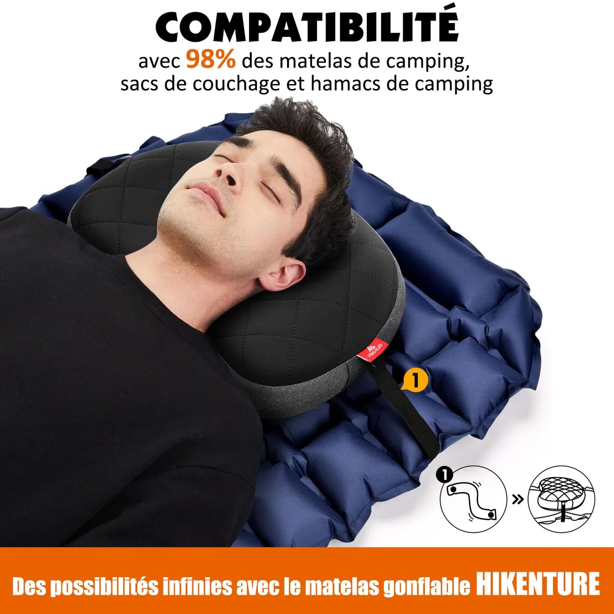 HIKENTURE Oreiller Gonflable Camping avec Taie Amovible – Coussin Gonflable Léger, Compact et Confortable - Coussin de Voyage Gonflable pour Camping, Trekking, Plage, Avion et Bivouac - Noir