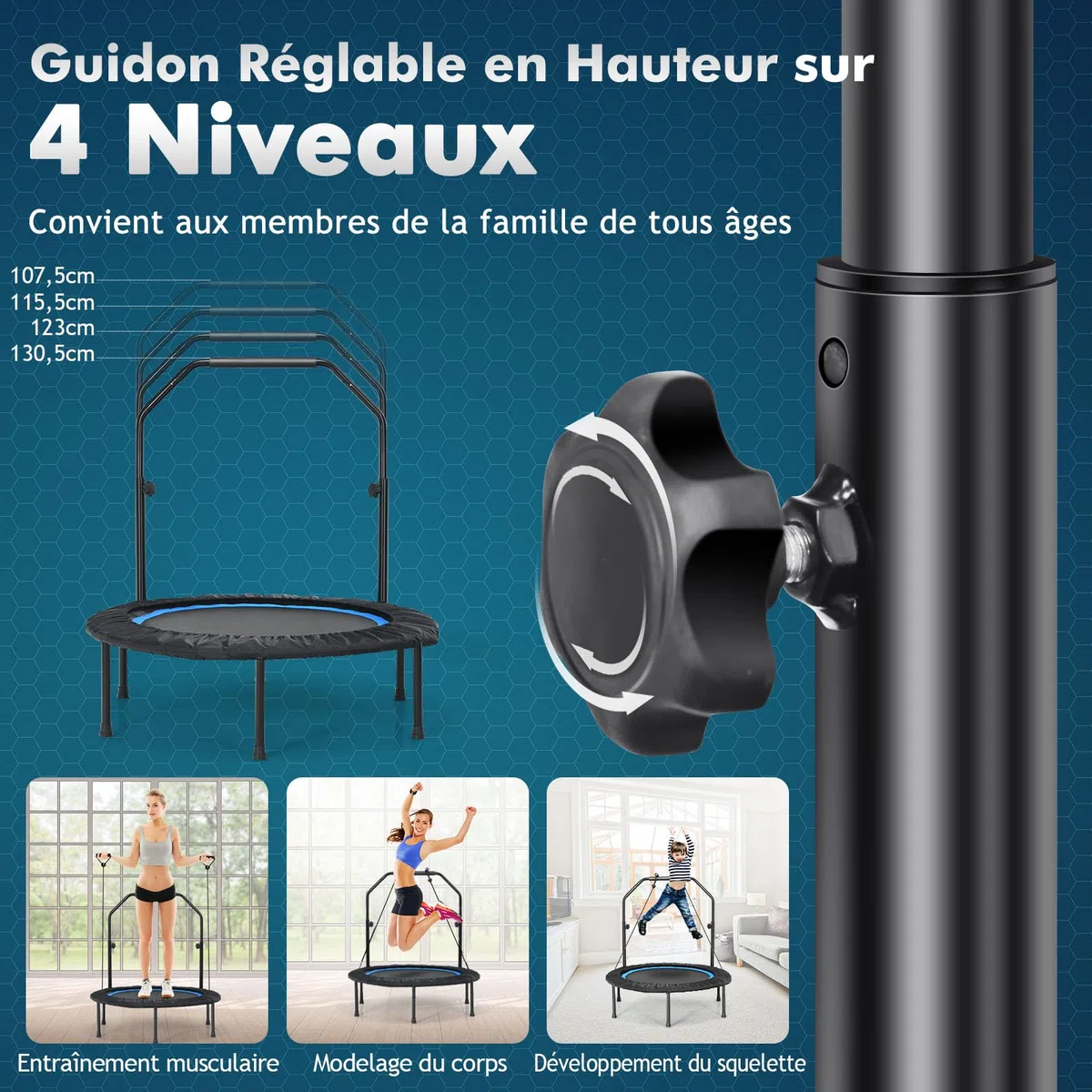 GYMAX Trampoline de Fitness φ101cm, pour Adultes & Enfants, Poignée en Mousses Réglable en Hauteur, Design Pliable, Toile de Bonne Résistance, Installation Facile