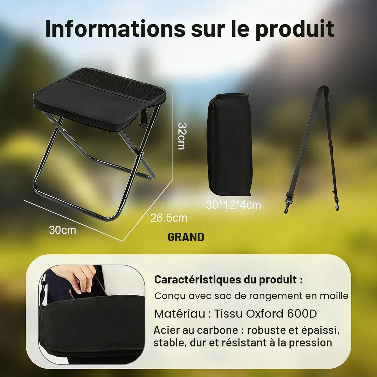 Tabouret Pliable Sac à Dos, Grand Noir - Siège Pliable Portable avec Sangle, 120kg Charge Max pour Camping, Randonnée, Pêche, Jardin, Voyage