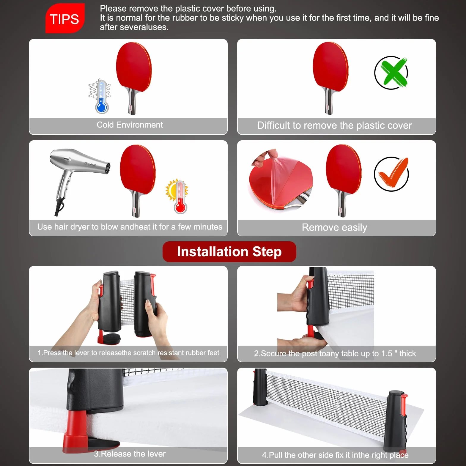 Set de Tennis de Table,2 Raquettes de Tennis de Table,4 balles (2 Jaunes,2 Blanches),Filet rétractable,2 revêtements de Manche & Sac de Transport,Set Mobile,idéal pour intérieur et extérieur