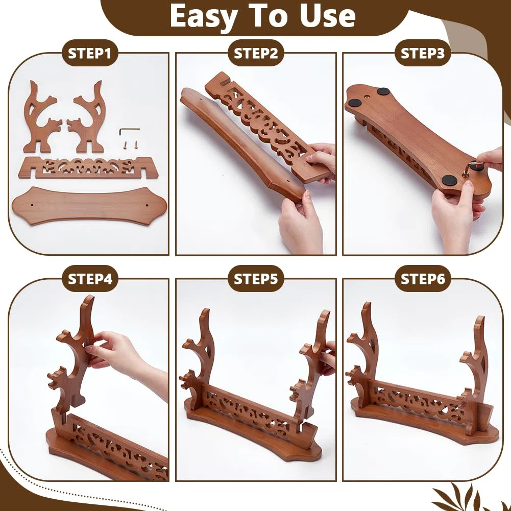 UNICRAFTALE Support à Épées 2 Niveaux Support pour Sabre Lasers Supports pour Katana en Bois MDF Supports d'Affichage Tan Porte Épée Samurai Rack Cosplay Porte Épées pour Canne à Pêche 38.5x10x23.5cm