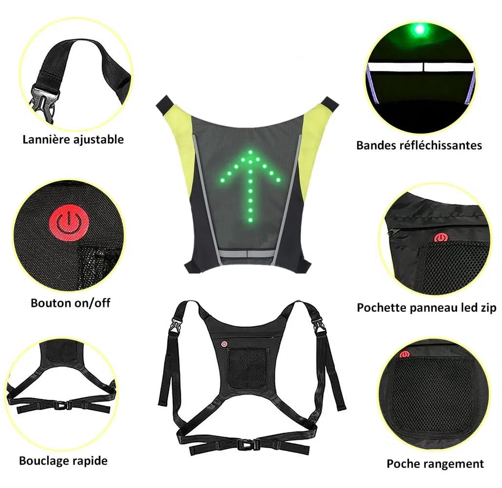 Gilet Dossard à 48 LEDs Clignotant réfléchissant avec Signalisation de Direction pour Vélo et Trottinette. Télécommande et Rechargeable. Vendeur français et Stock en France.