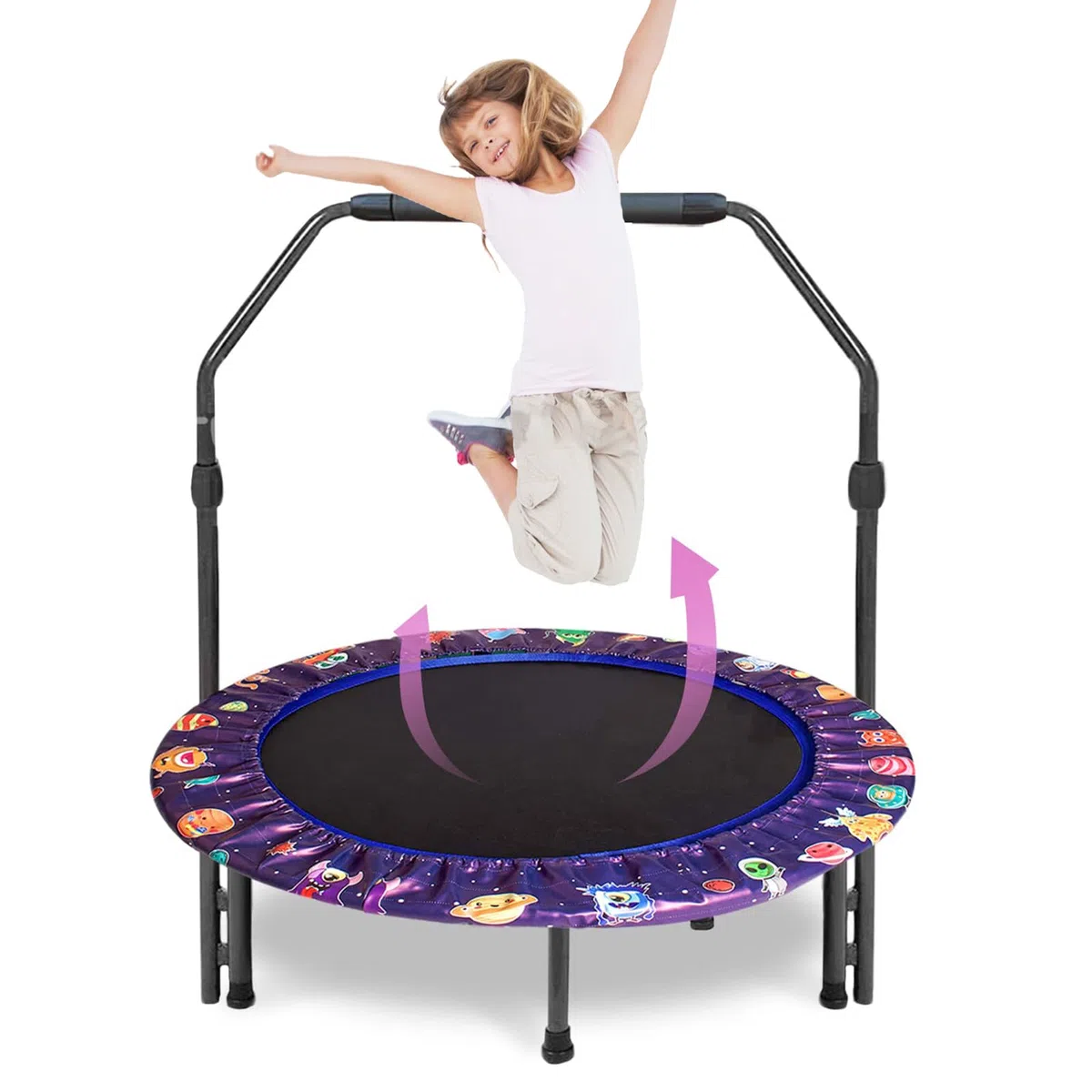 Trampoline Enfant Ø92cm, Pliable Mini Trampoline avec Poignée Réglable & Rembourrage de Sécurité,Petit Trampoline intérieur Enfants, Intérieur et Extérieur pour garçons et Filles