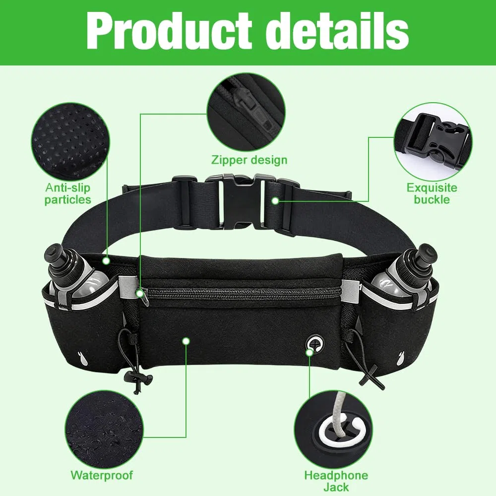 Mineup Ceinture Running Hydratation Course a Pied, Sac Banane Sport Belt, Fluorescent Homme Femme Sac Banane avec 2 Gourdes pour Trail Jogging Footing Randonnée Vélo Marathon Cyclisme (Noir)