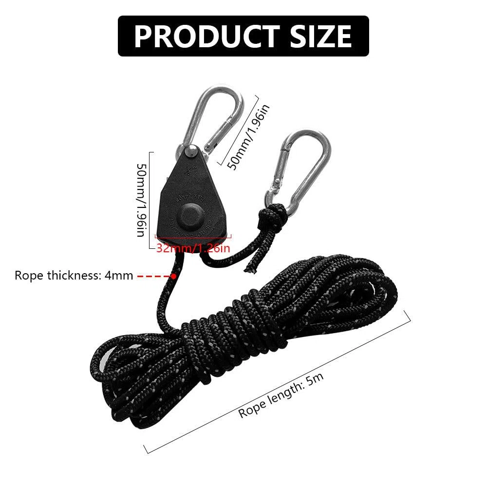 6PCS Corde avec Mousqueton 5m, 4mm Tendeur Voile Ombrage Poulie, Tendeur à Cliquet pour Corde, Cordes de Tente avec Poulie, Tendeur Corde Tente pour Bâche de Tente de Camping (Noir)
