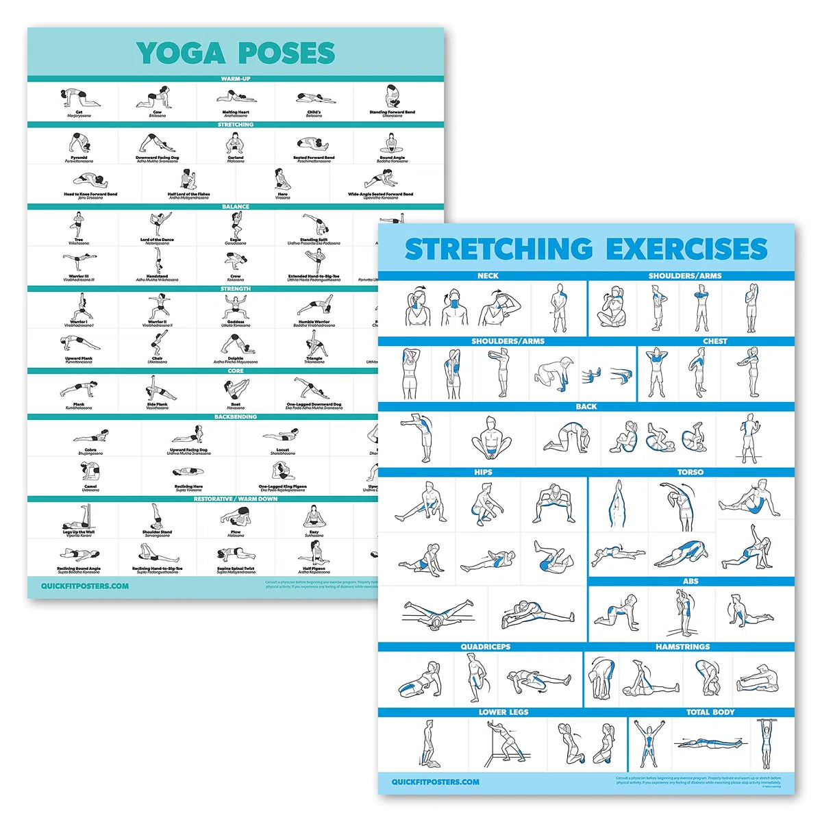Palace Learning Lot de 2 affiches de yoga et d'exercices d'étirement - Ensemble de 2 tableaux laminés - Positions de yoga et étirements [léger] (laminé, 45,7 x 61 cm)